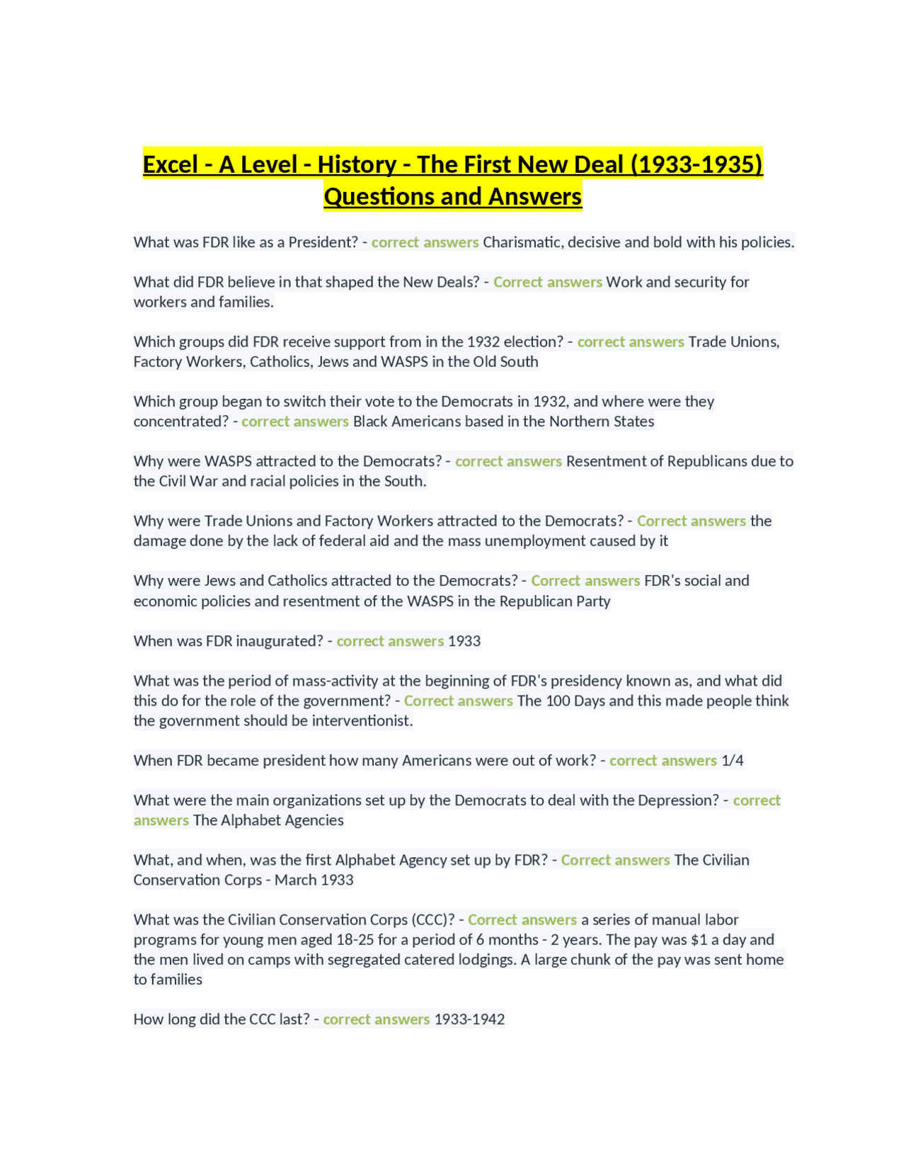 Excel - A Level - History - The First New Deal (1933-1935) Questions ...