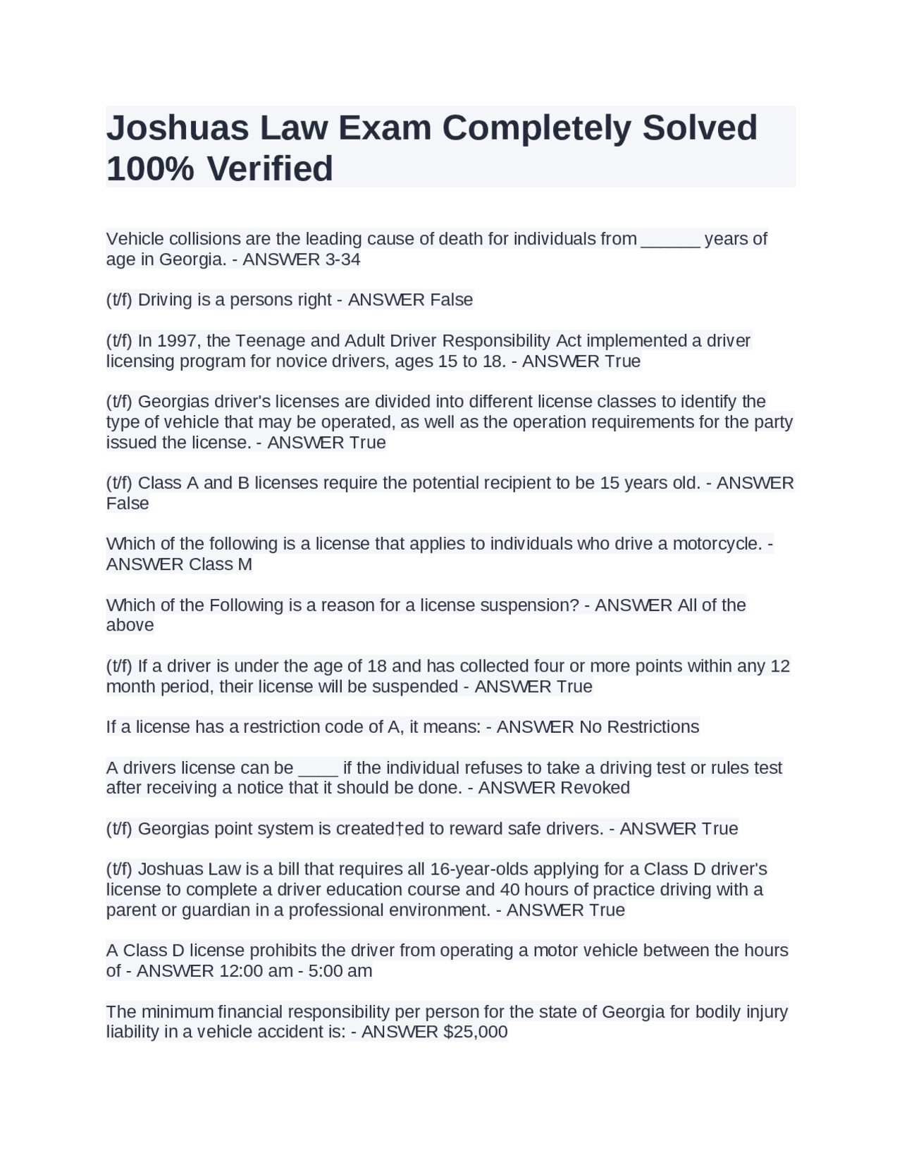 Joshuas Law Exam Completely Solved 100 Verified Exams Advanced(01)
