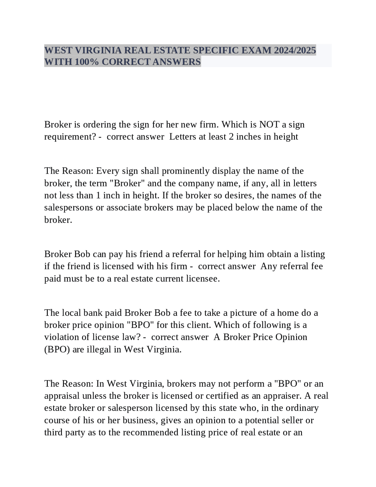 West Virginia Real Estate License Law Exams Nursing Docsity