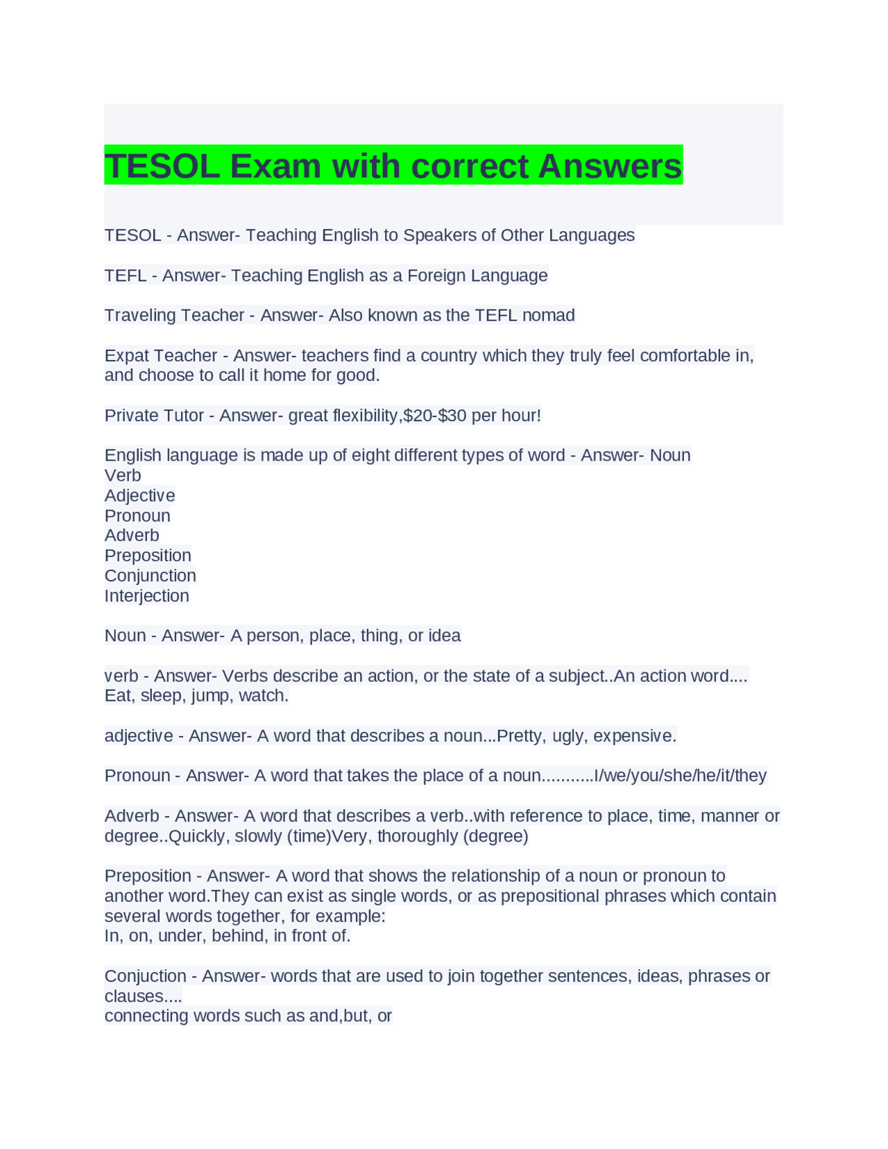 TESOL Exam with correct Answers | Exams Advanced Education | Docsity