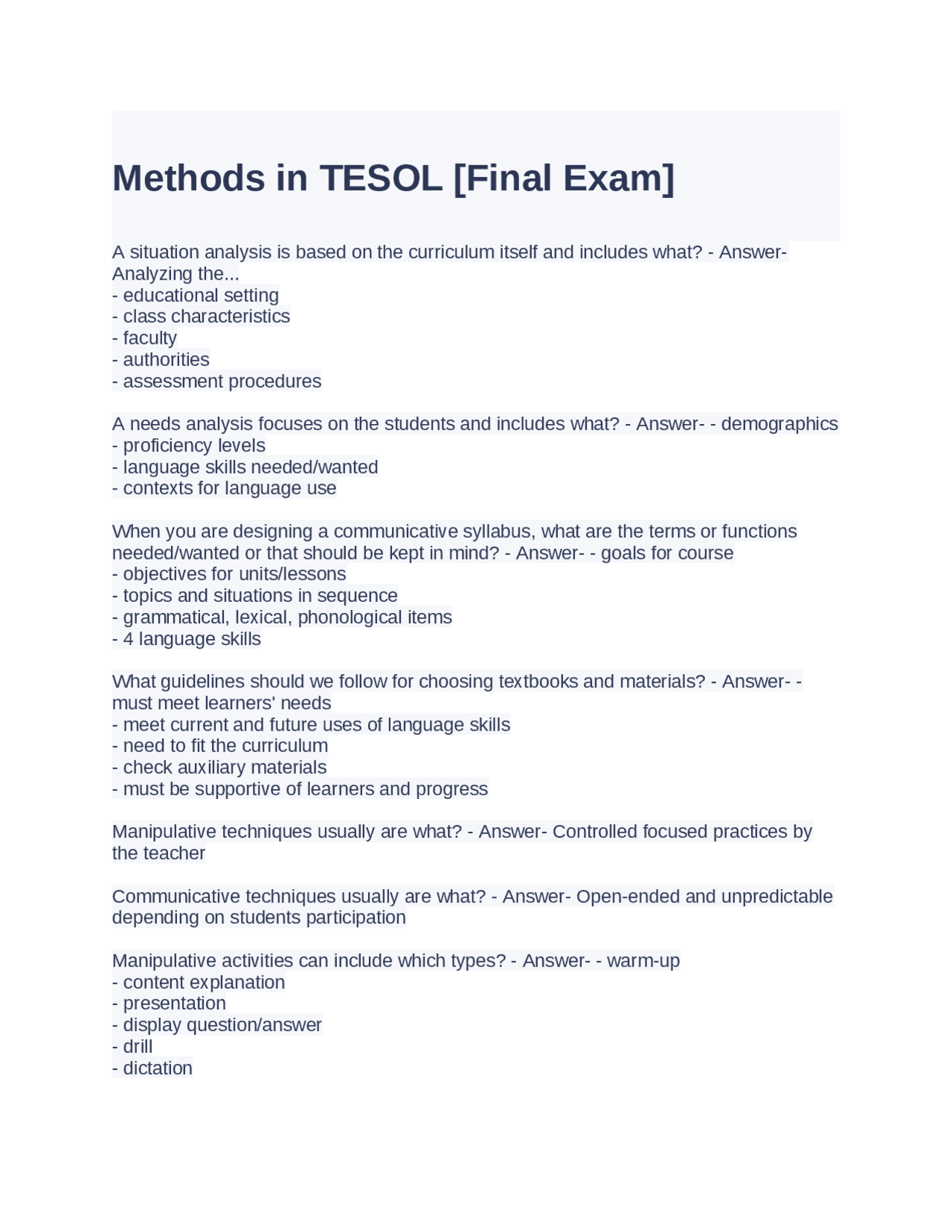 Methods in TESOL [Final Exam] Questions and Answers | Exams Advanced ...