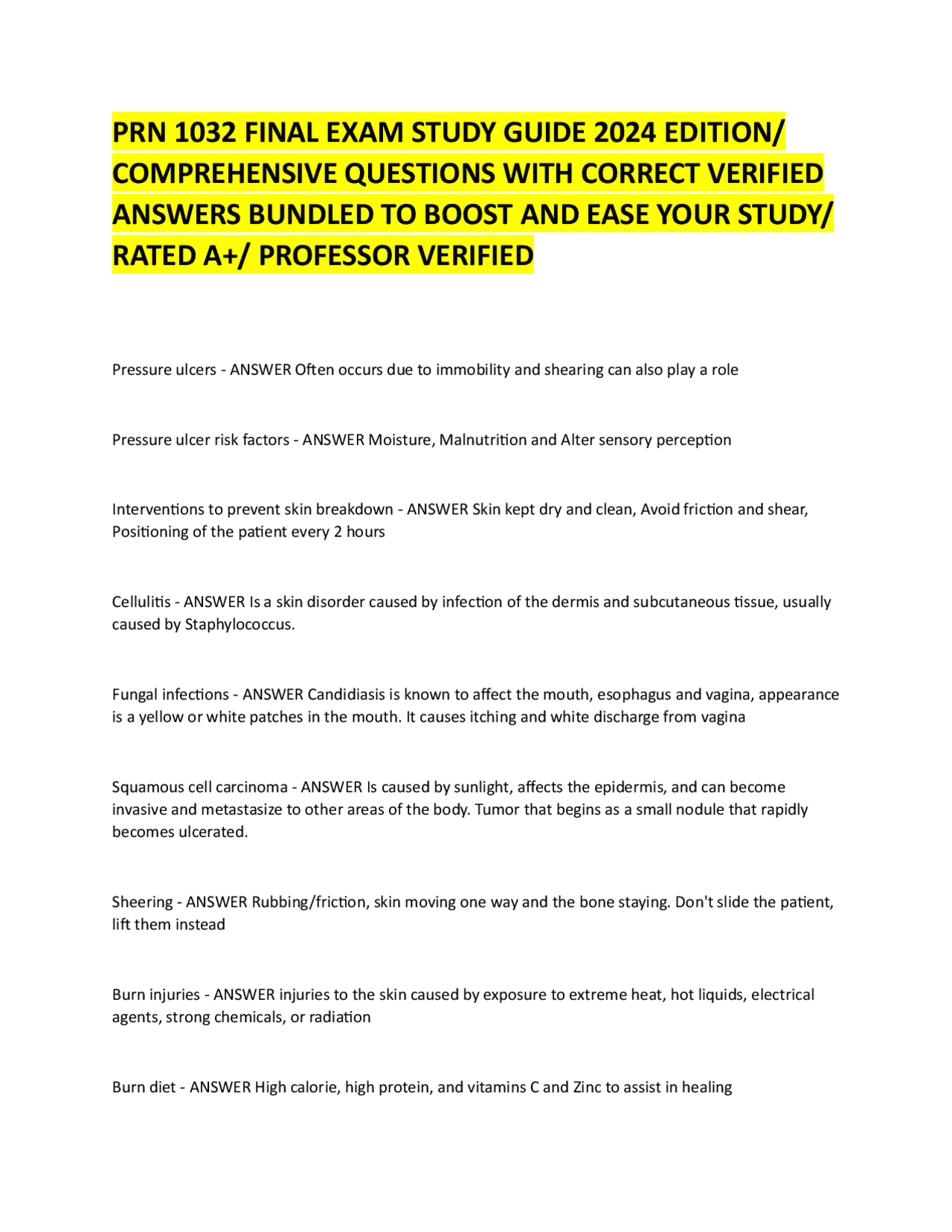 PRN 1032 FINAL EXAM STUDY GUIDE 2024 EDITION/ COMPREHENSIVE QUESTIONS ...