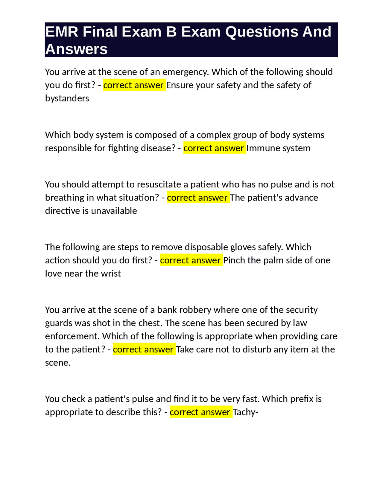 EMR Final Exam B Exam Questions And Answers | Exams Medicine | Docsity