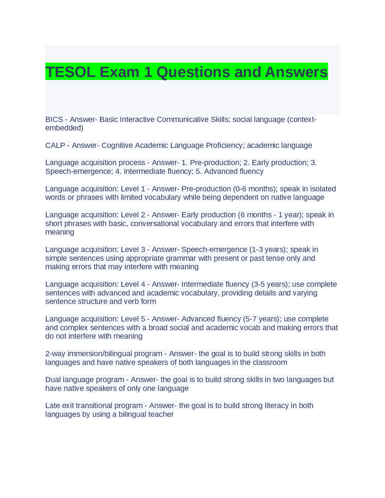 TESOL Exam 1 Questions and Answers | Exams Advanced Education | Docsity