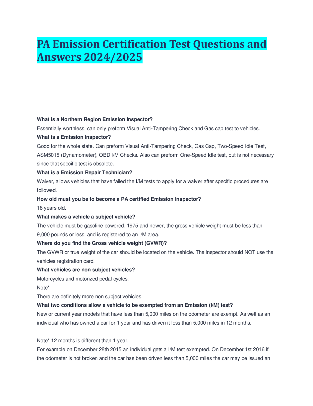 PA Emission Certification Test: Questions and Answers | Exams