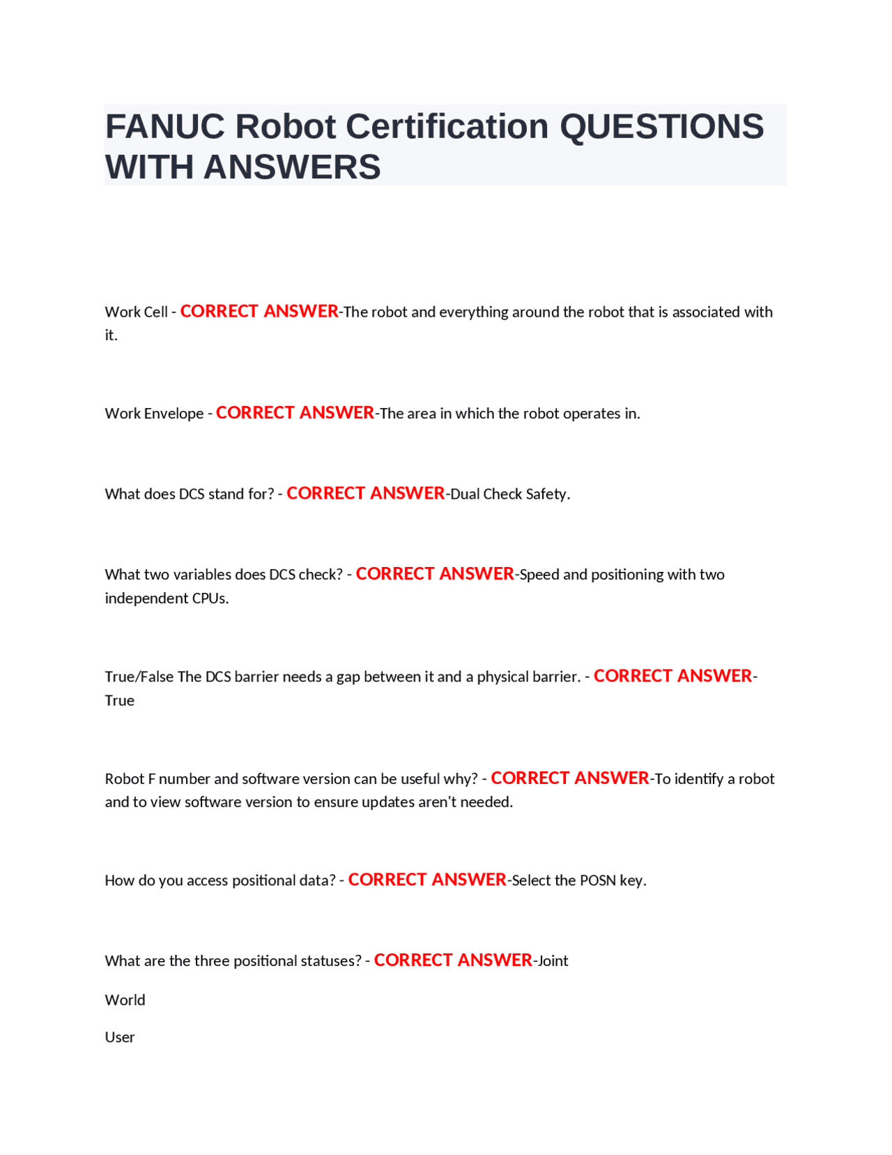 FANUC Robot Certification QUESTIONS WITH ANSWERS | Exams Nursing | Docsity