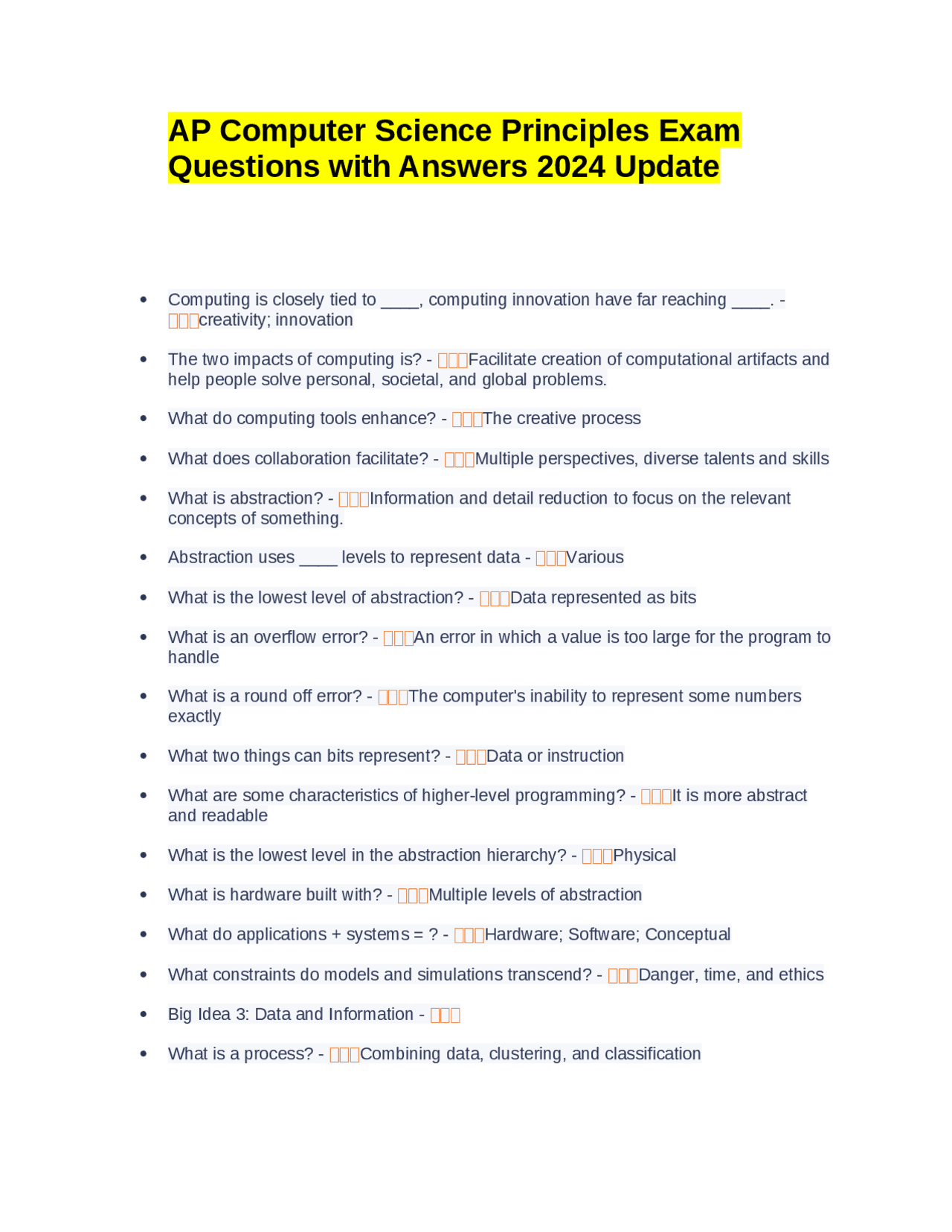 AP Computer Science Principles Exam Questions with Answers 2024 Update ...