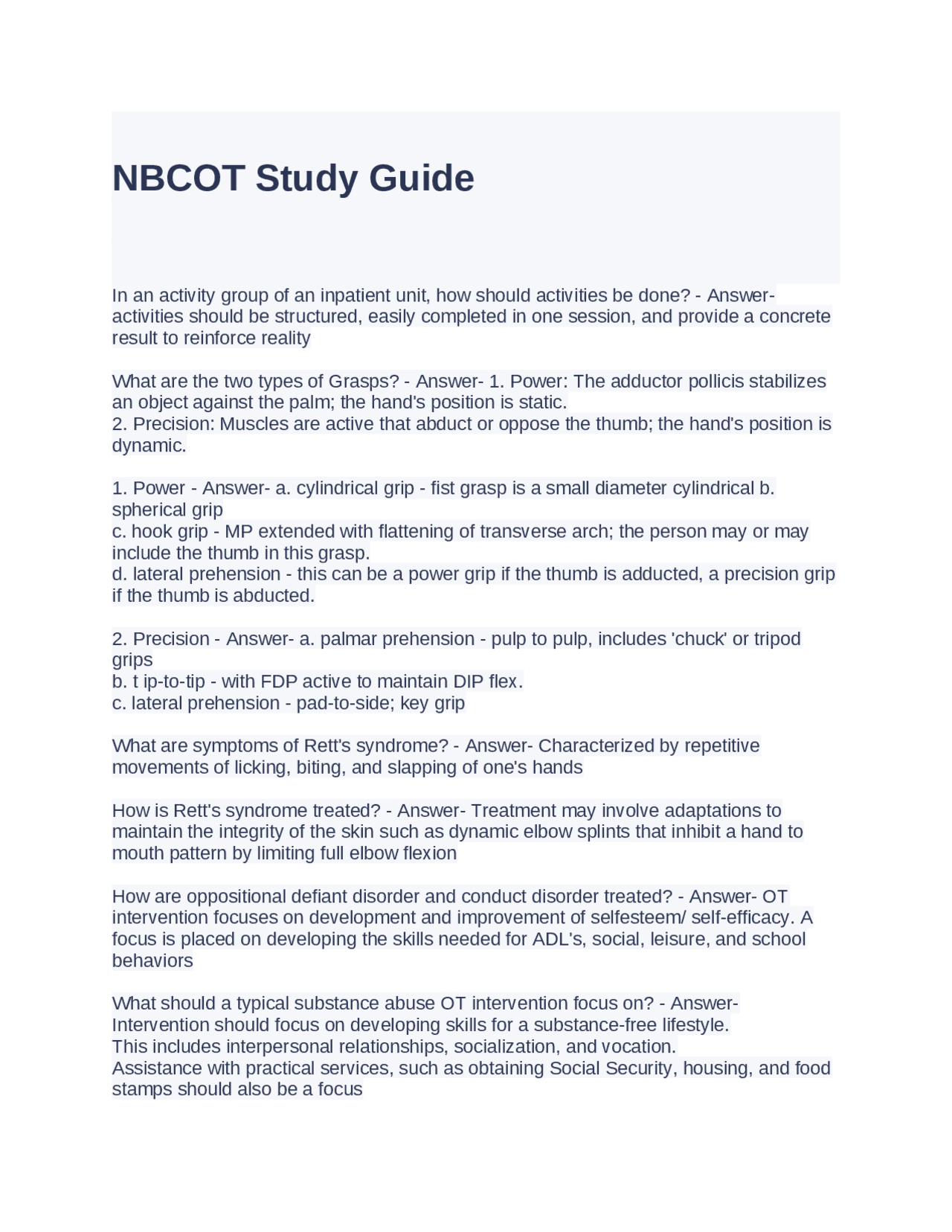 NBCOT Study Guide Questions and Answers | Exams Advanced Education ...