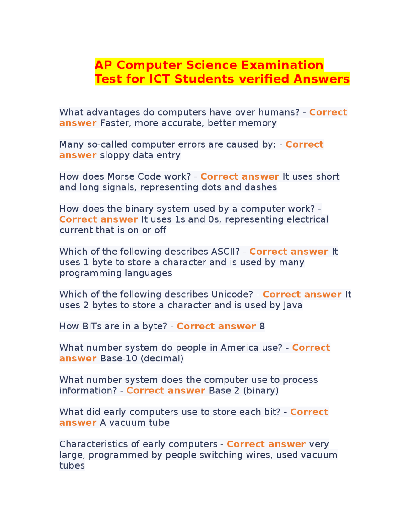 AP Computer Science Examination Test for ICT Students verified Answers ...