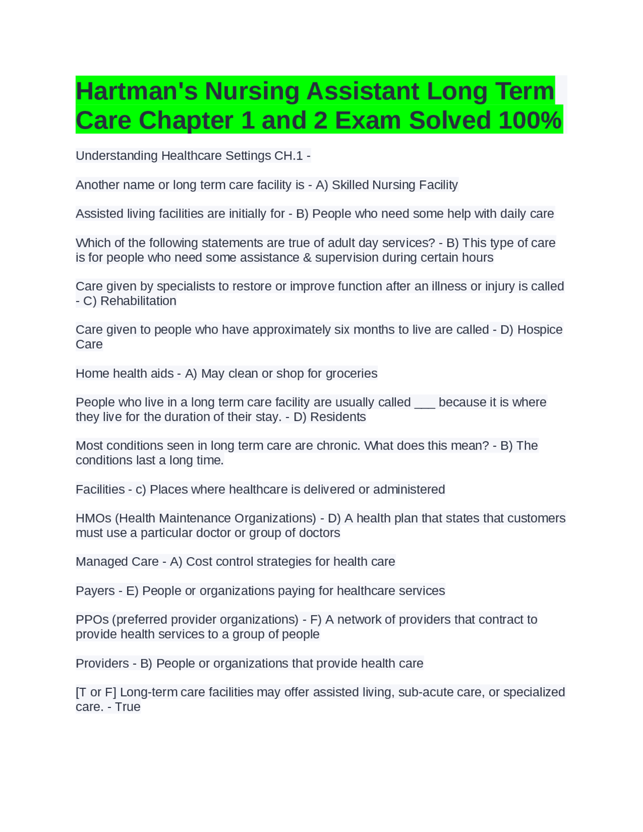 Hartman's Nursing Assistant Long Term Care Chapter 1 | Exams Nursing ...