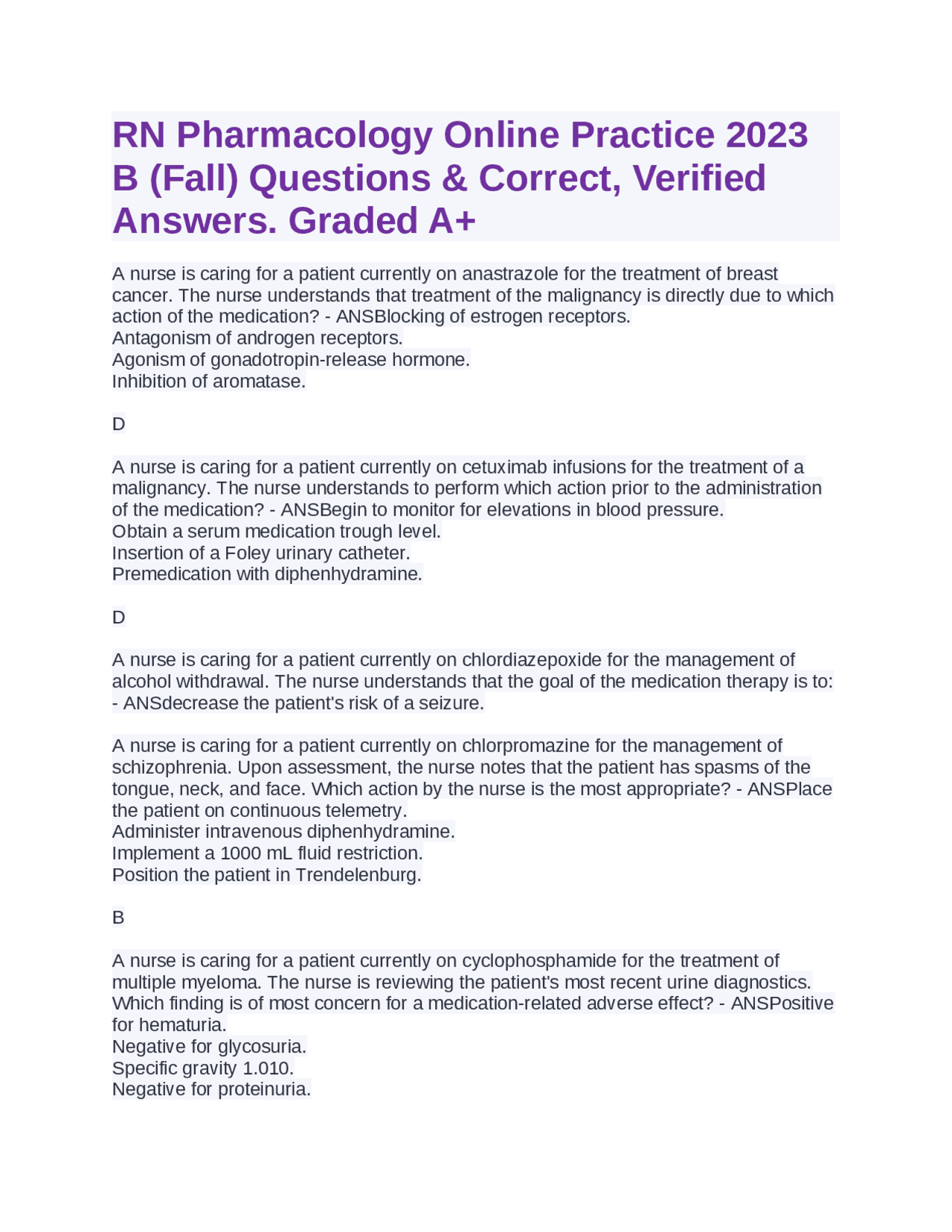 RN Pharmacology Online-Practice 2023 B (Fall)Questions &amp; Correct ...