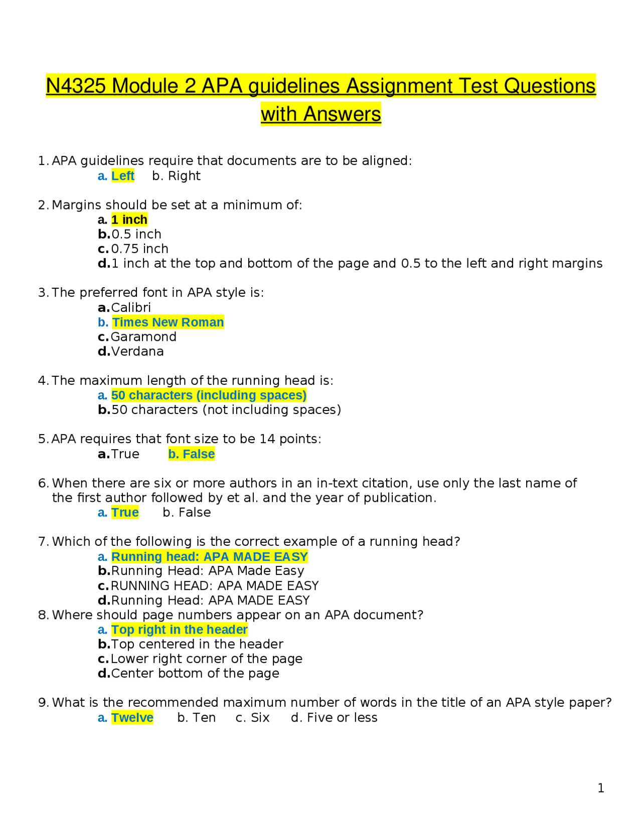 N4325 Module 2 APA guidelines Assignment Test Questions with Answers ...