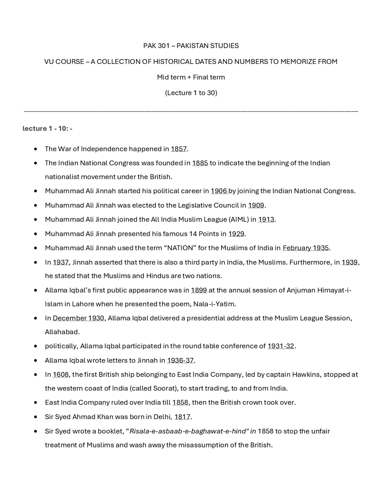 PAK301 Notes | collection of all dates | Virtual University of Pakistan ...