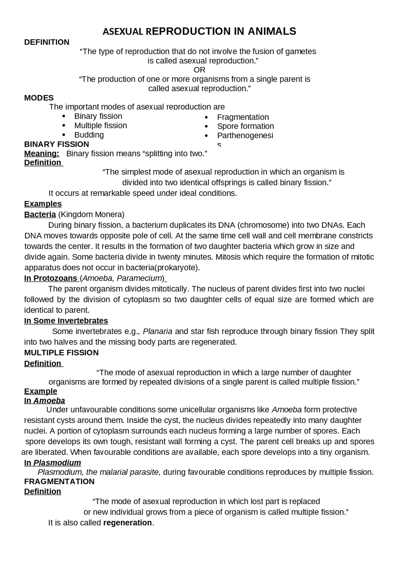 Asexual Reproduction in Animals | Schemes and Mind Maps Biology | Docsity