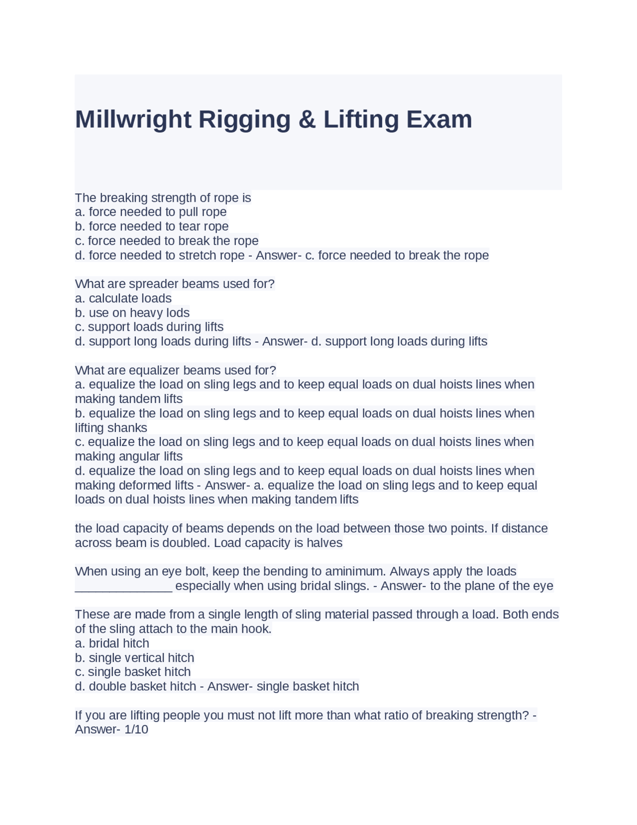 Millwright Rigging & Lifting Exam Questions and Answers Exams