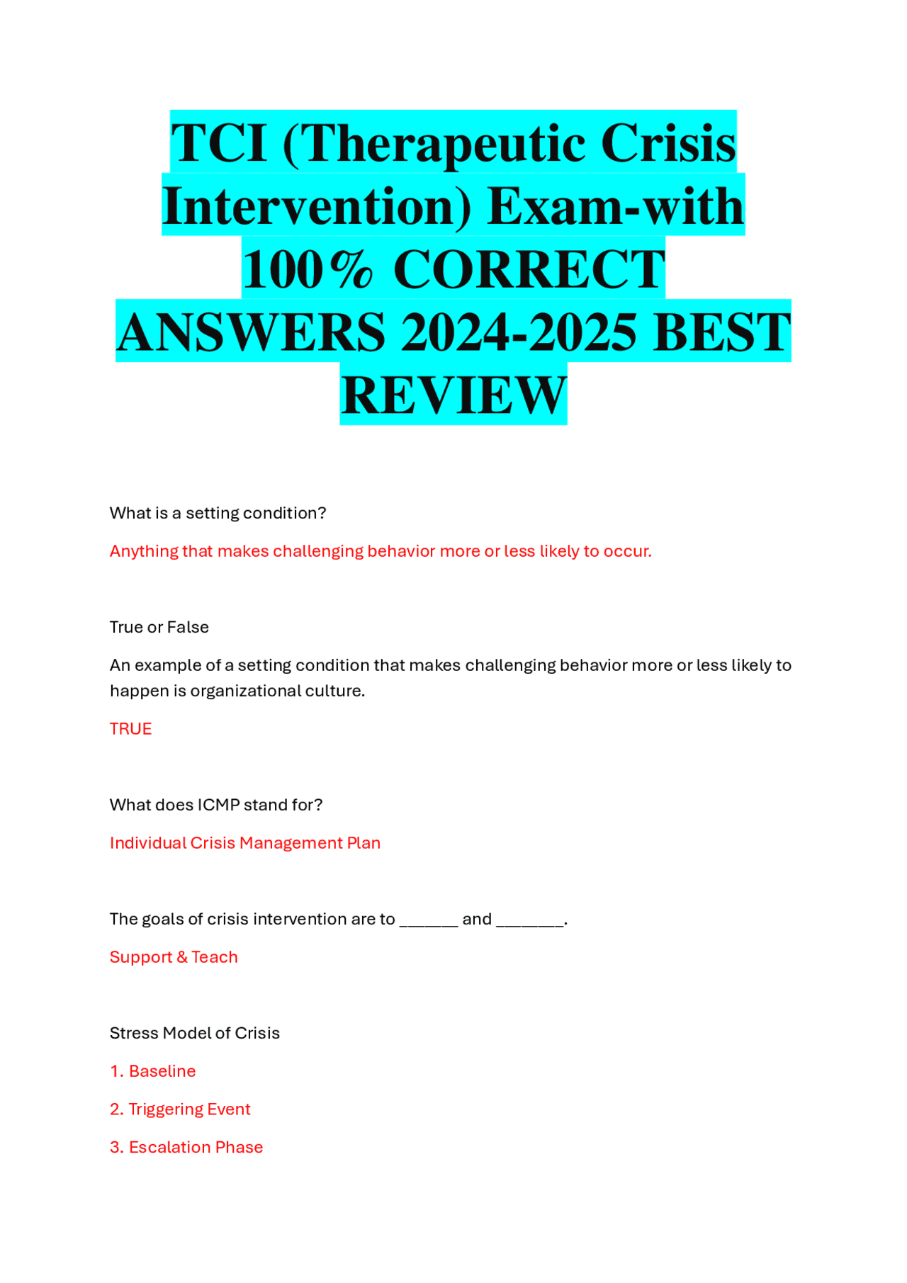 Tci Questionnaire.pdf TCI (Therapeutic Crisis Intervention) Exam-with 100% CORRECT ANSWERS ...