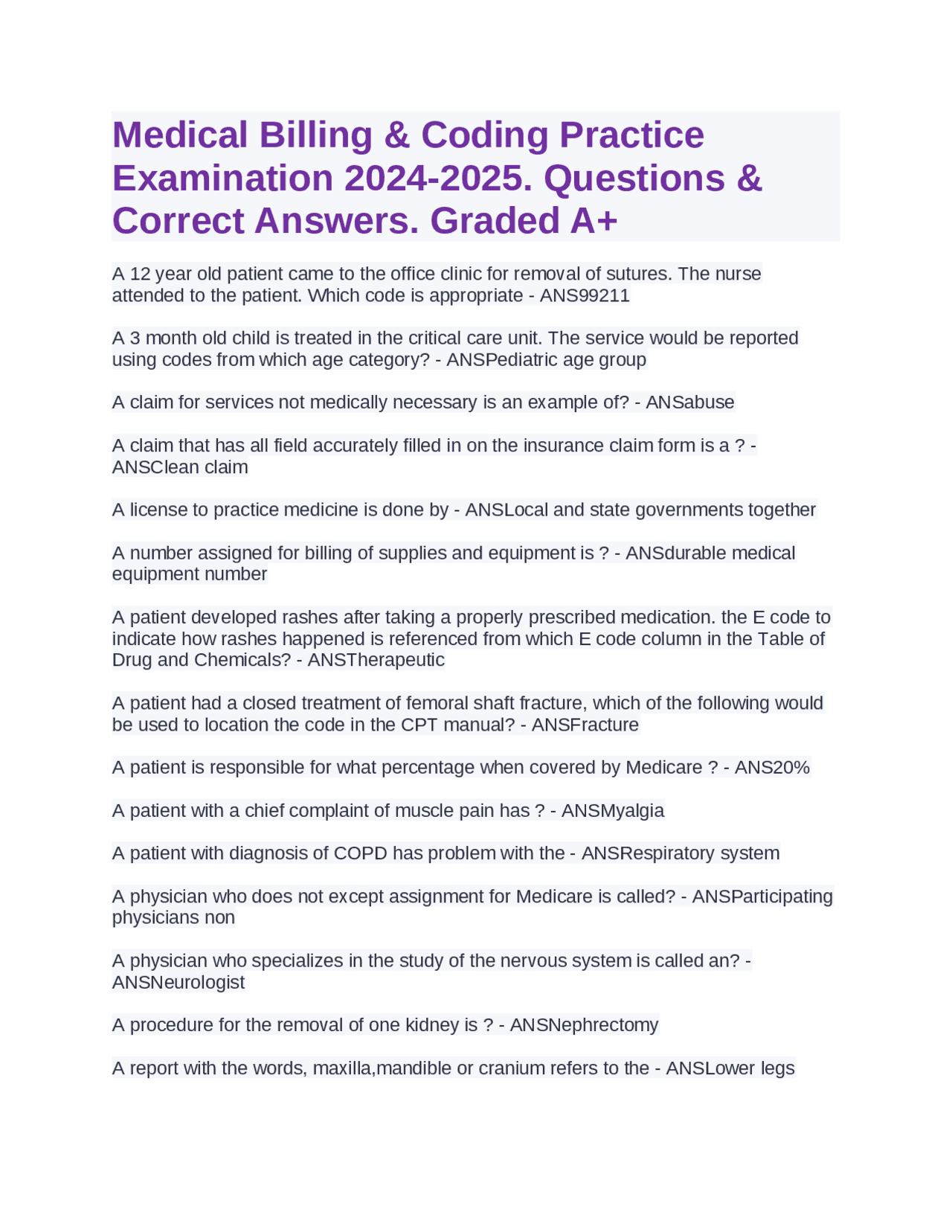 Medical Billing & Coding Practice Examination 2024-25.Questions ...