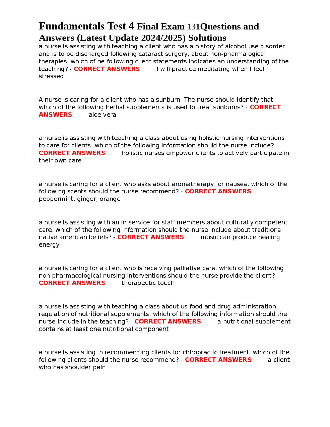 Fundamentals Test 4 Final Exam 131Questions and Answers (Latest Update ...