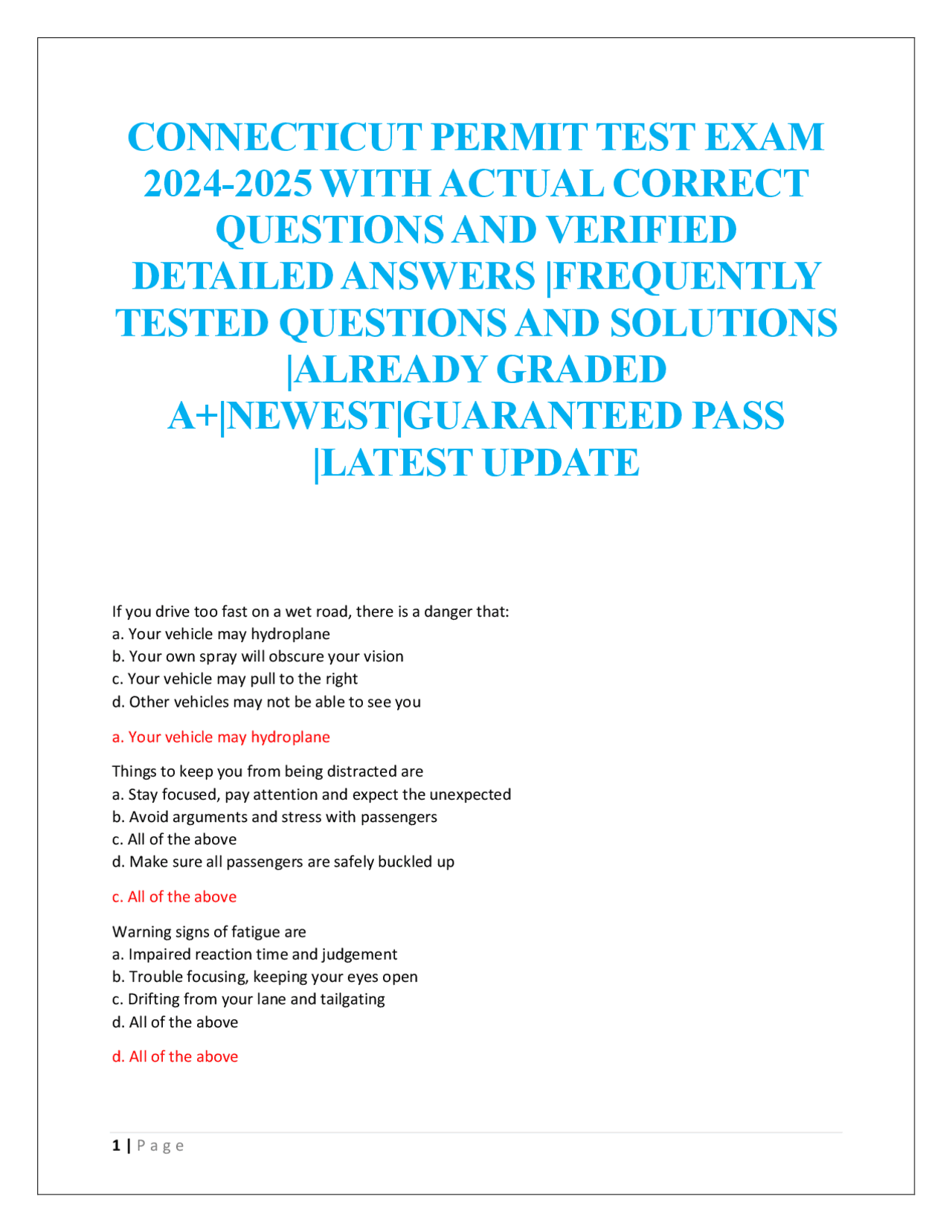 Ct Permit Test Study Guide CONNECTICUT PERMIT TEST EXAM 2024-2025 | Exams Nursing | Docsity
