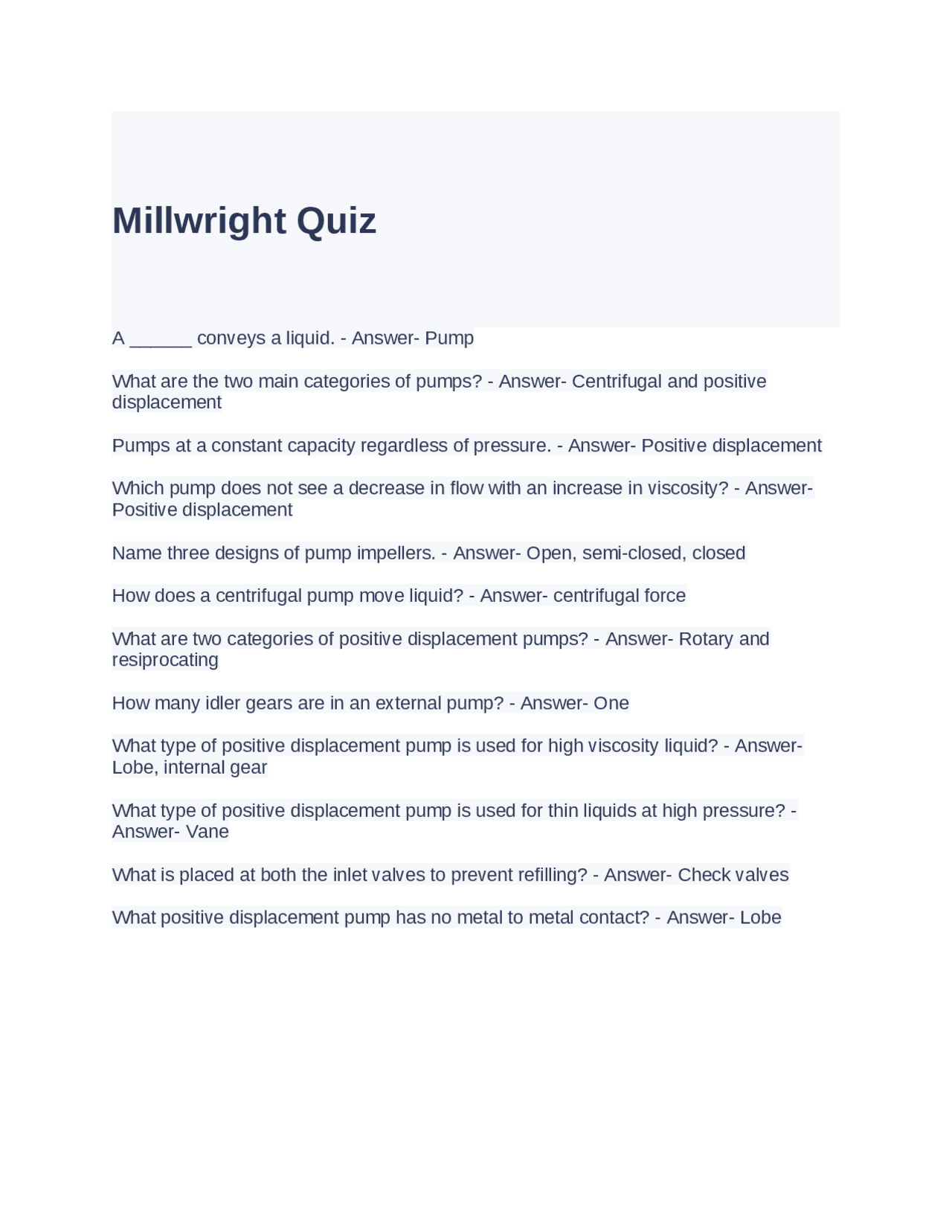 Millwright Quiz Understanding Pump Types and Designs Exams Advanced