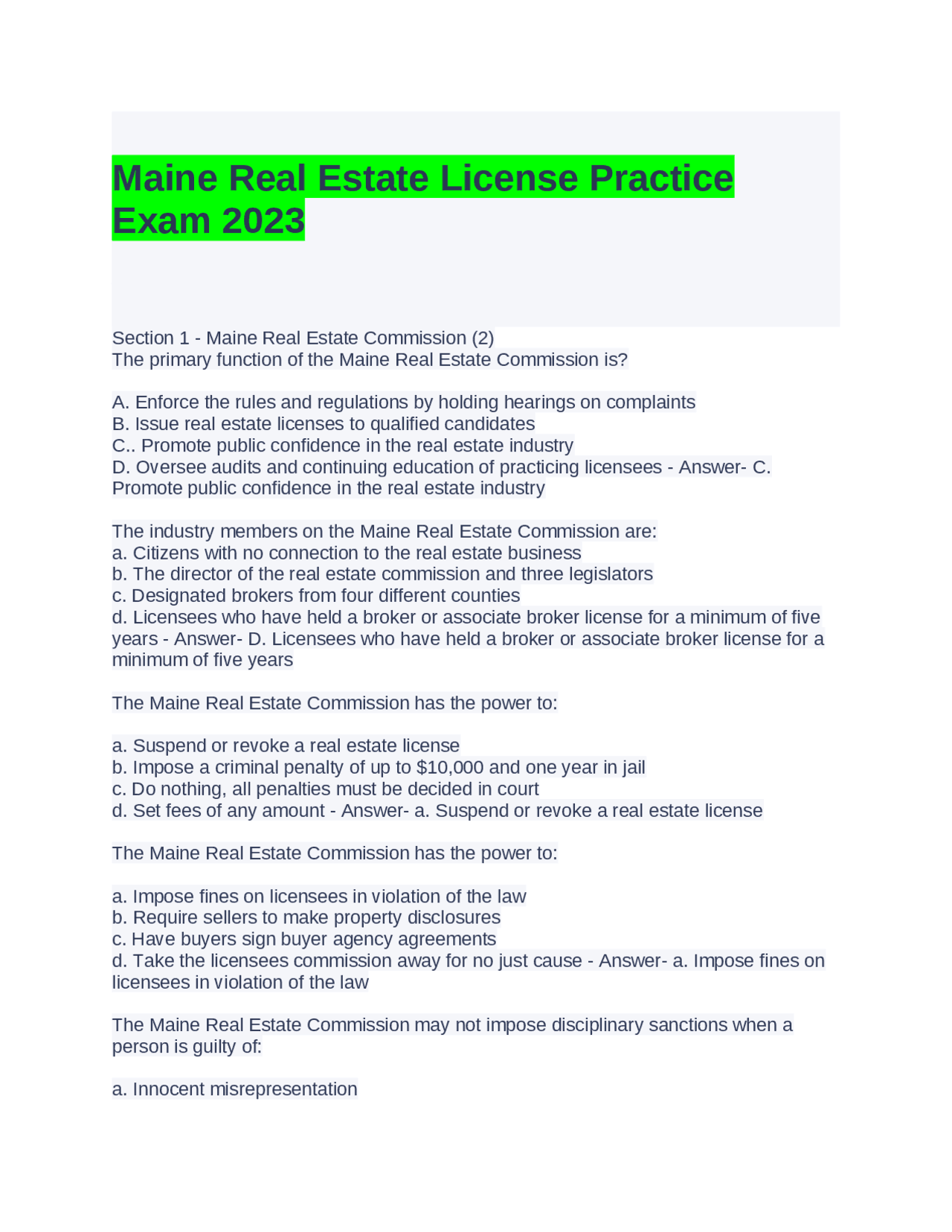 Maine Real Estate License Practice Exam 20232024 Questions and Answers