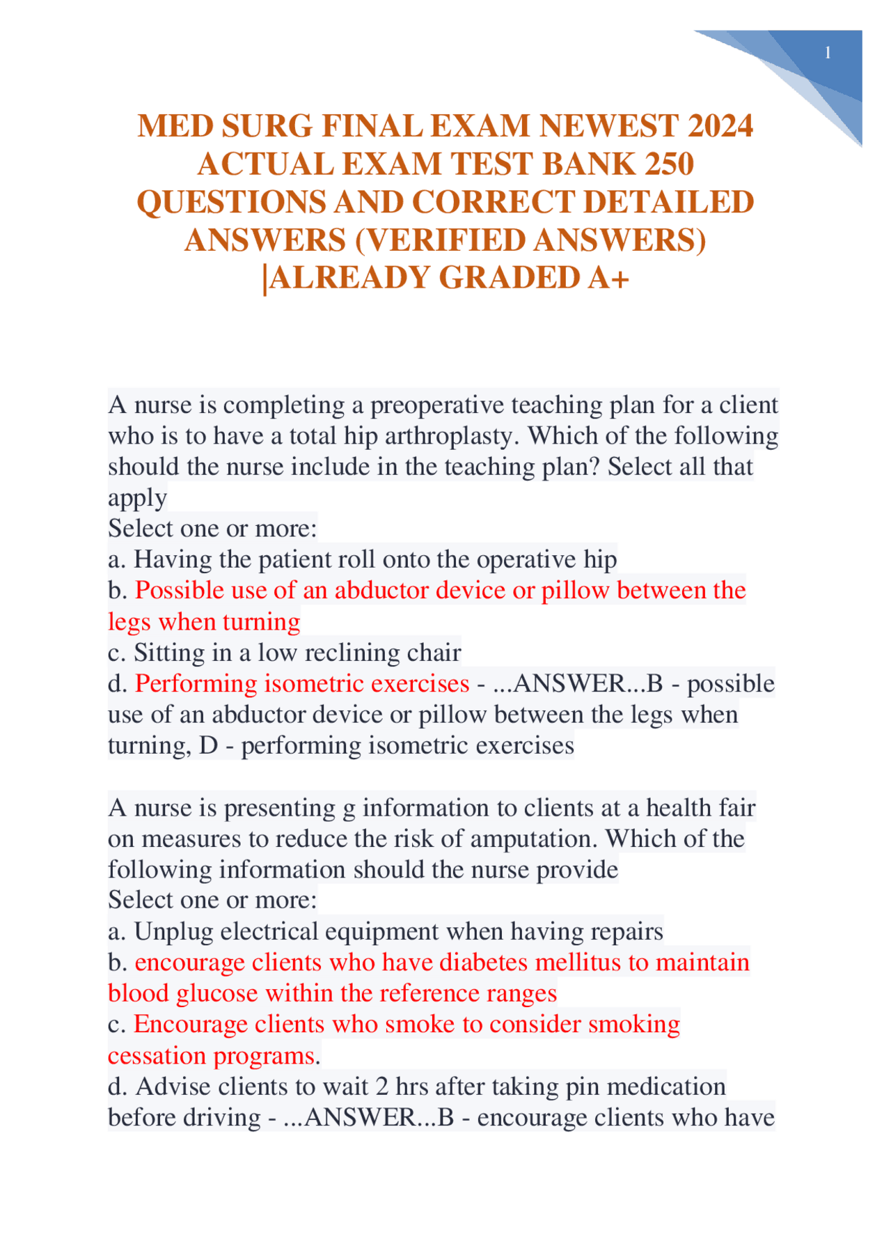MED SURG FINAL EXAM NEWEST 2024 ACTUAL EXAM TEST BANK 250 QUESTIONS AND ...