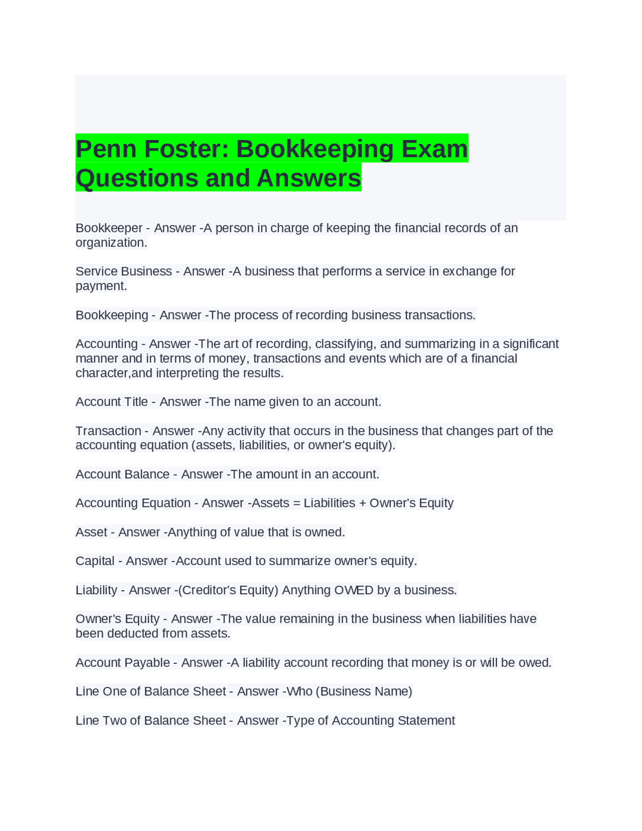 Penn Foster Bookkeeping Exam Questions and Answers | Exams Advanced Education | Docsity