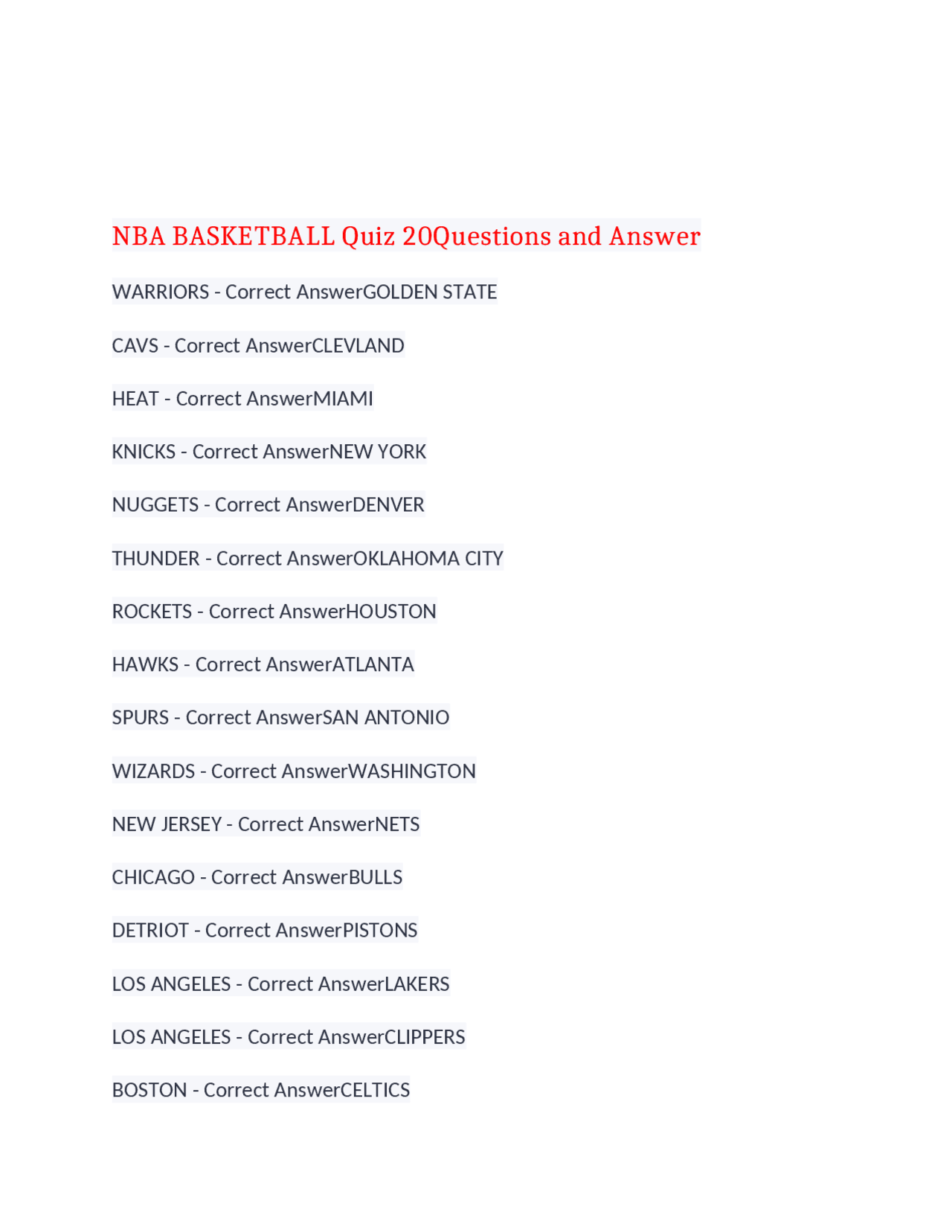 Answer Nba NBA BASKETBALL Quiz 20 Questions and Answer,100% CORRECT | Exams ...