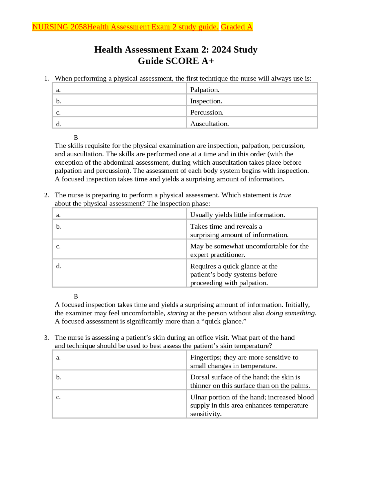 Nursing Health Assessment Exam 2 Study Guide | Exams Nursing | Docsity