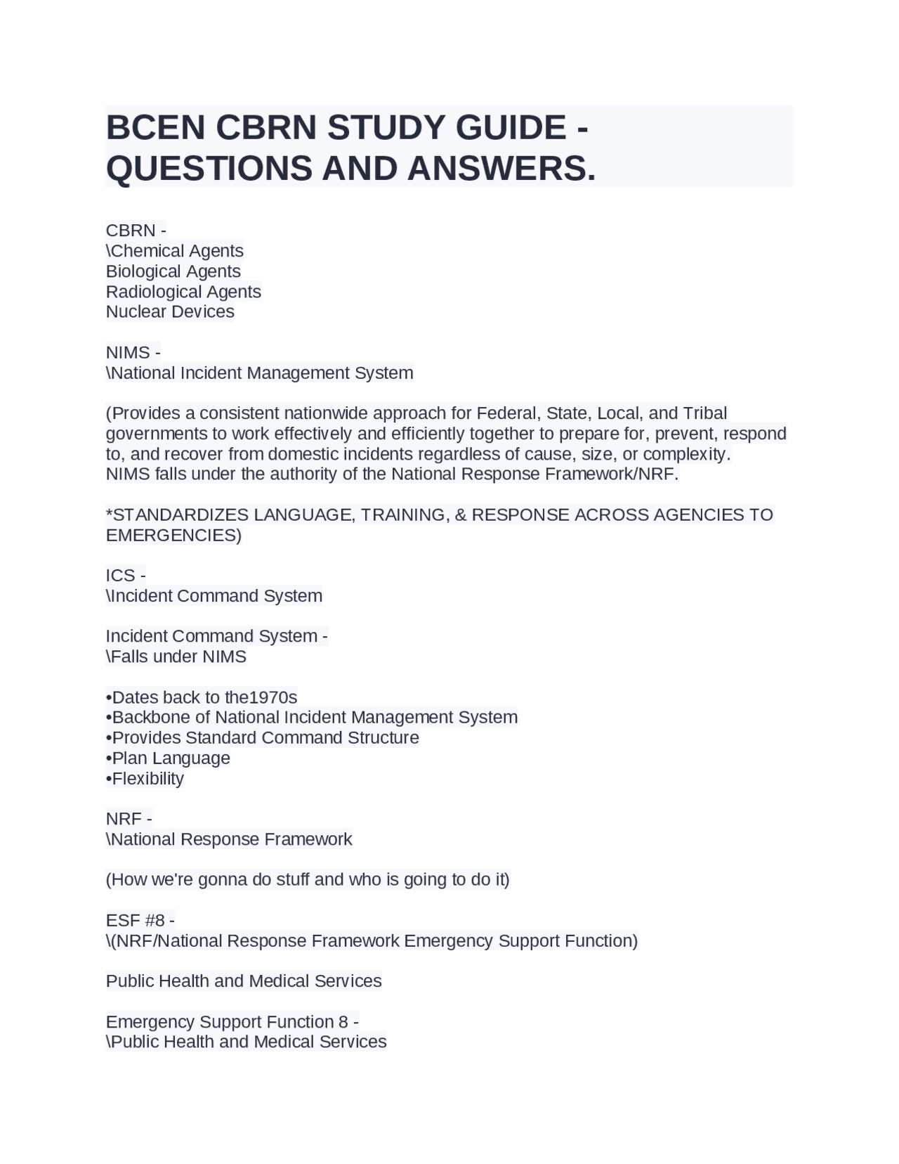 BCEN CBRN STUDY GUIDE -QUESTIONS AND ANSWERS. | Exams Nursing | Docsity