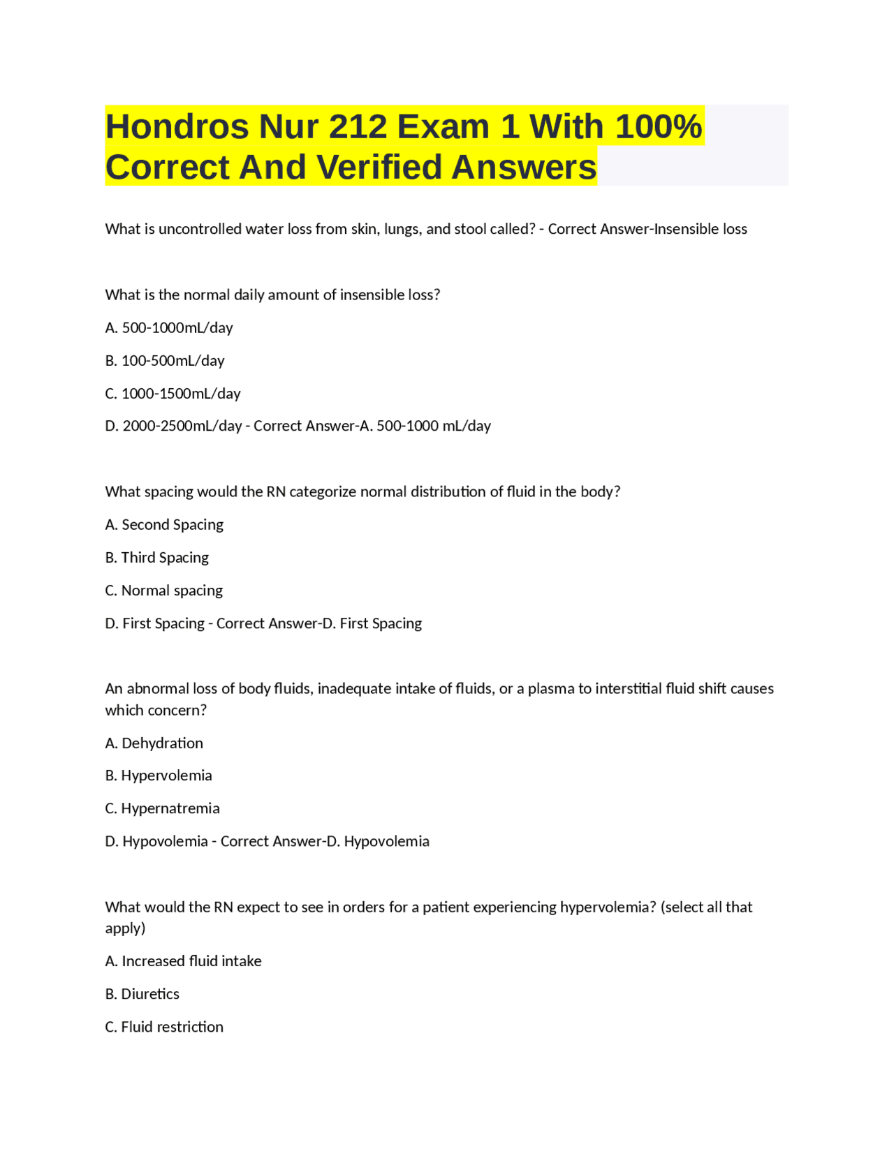 Hondros Nur 212 Exam 1 With 100% Correct And Verified Answers | Exams ...