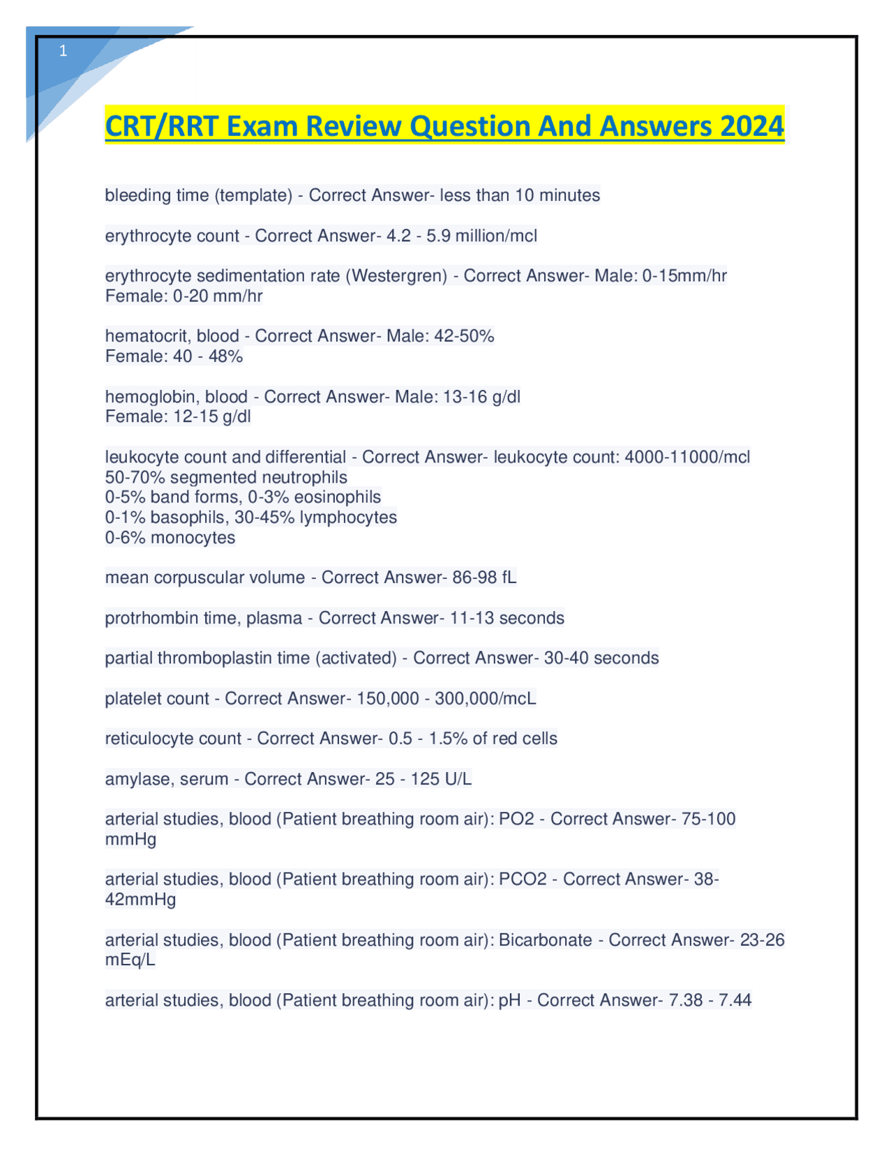Medical Laboratory Test Reference Ranges | Exams Nursing | Docsity