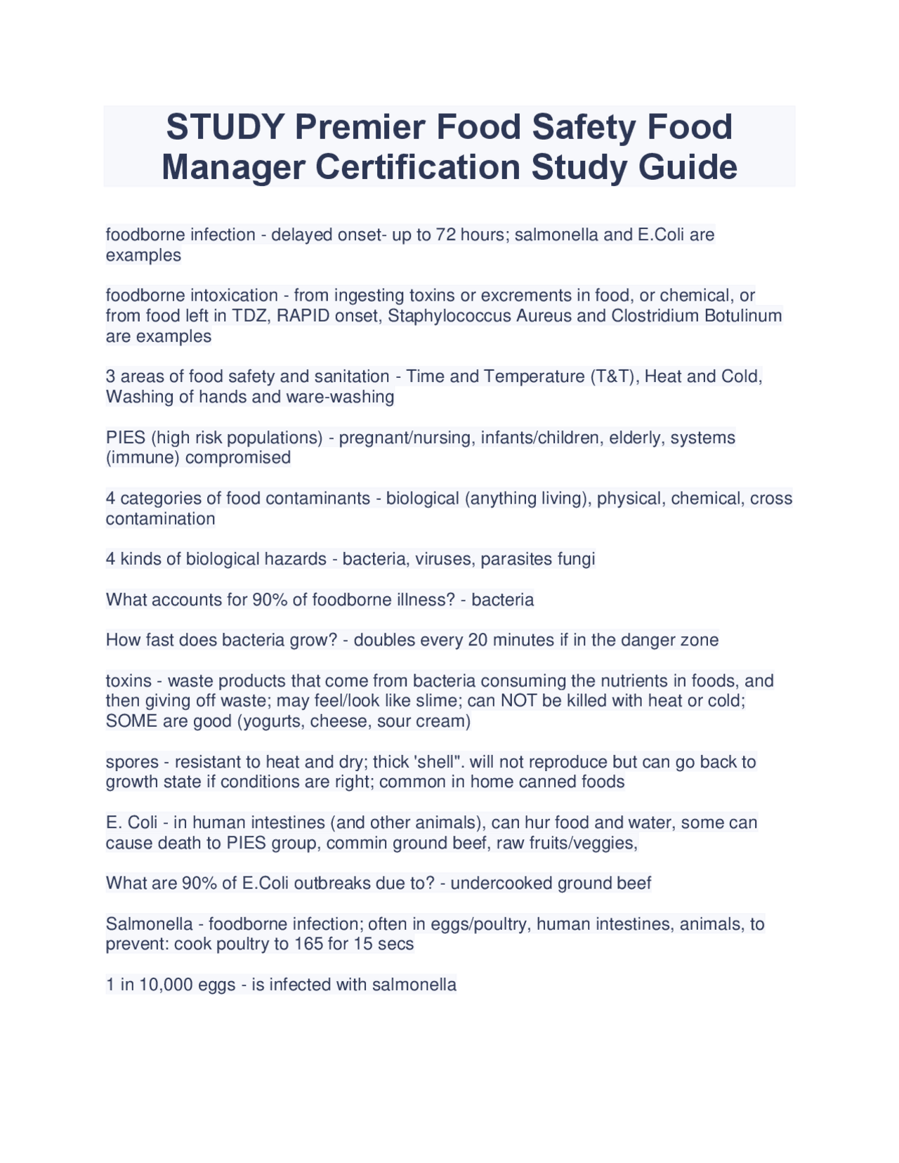 Food Manager Study Guide STUDY Premier Food Safety Food Manager Certification Study Guide ...