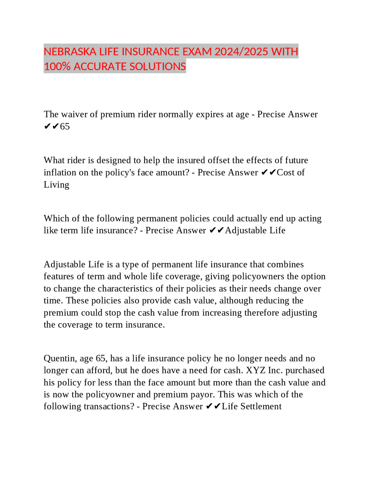 NEBRASKA LIFE INSURANCE EXAM 2024/2025 WITH 100% ACCURATE SOLUTIONS | Exams Business Economics ...