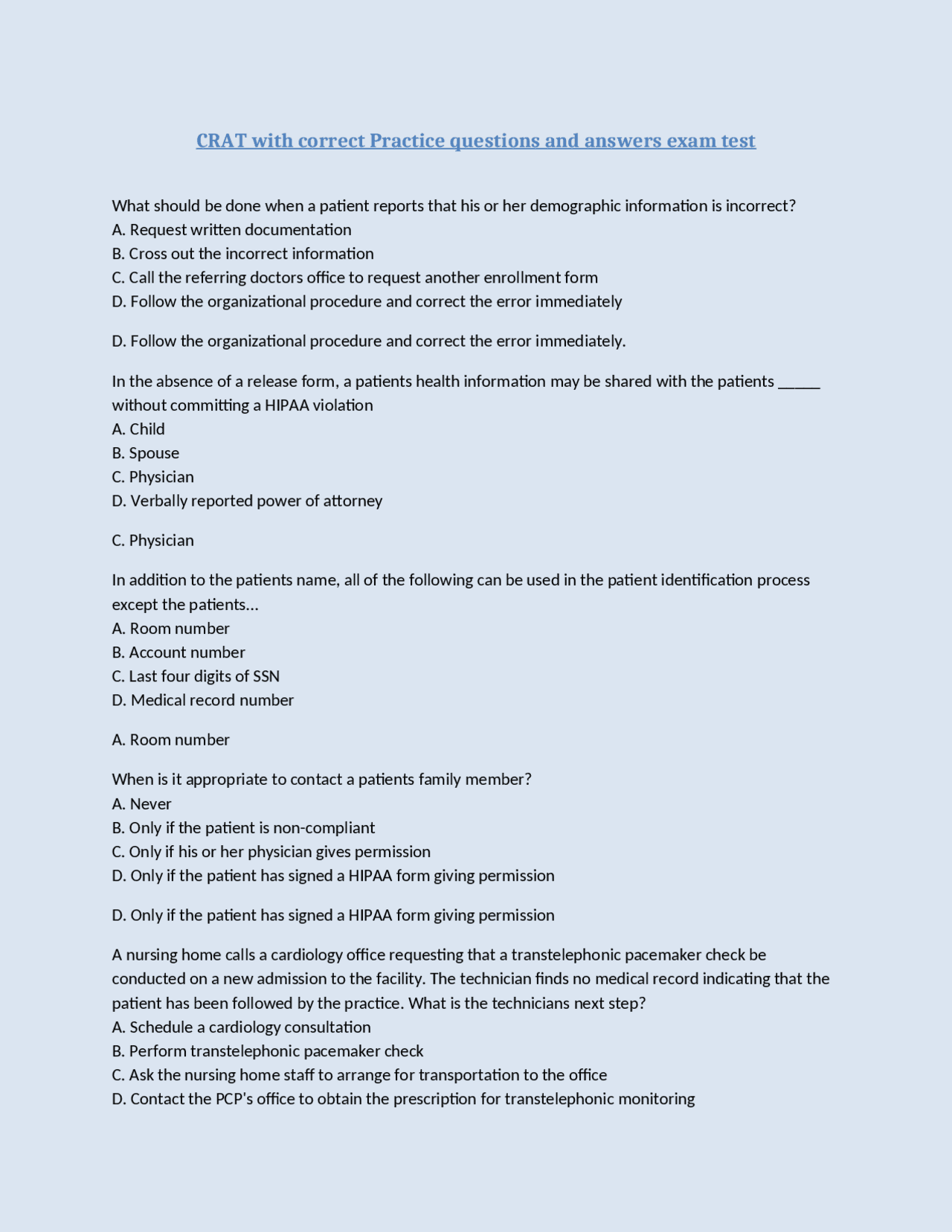 CRAT with correct Practice questions and answers exam test | Exams ...
