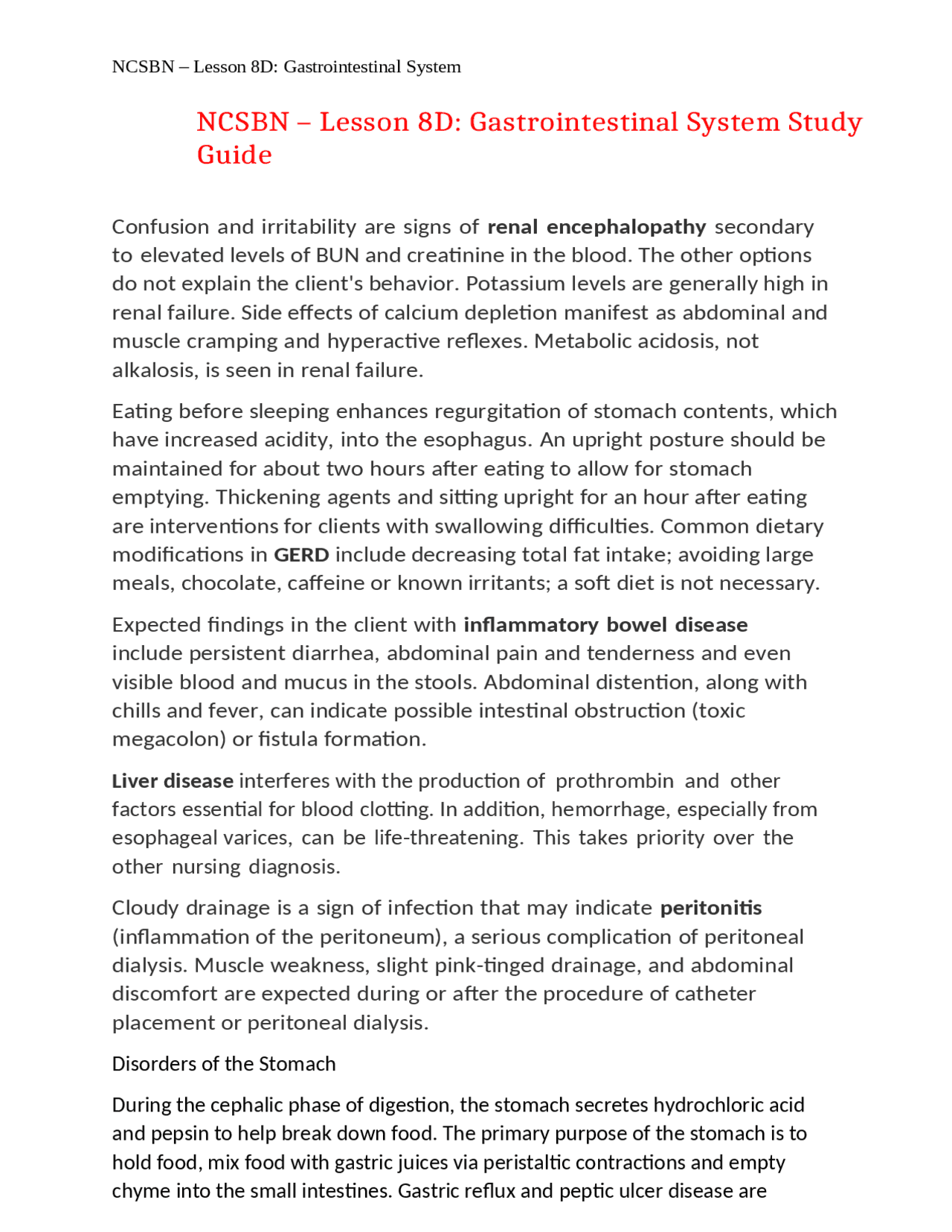 NCSBN – Lesson 8D: Gastrointestinal System Study Guide,100% CORRECT ...
