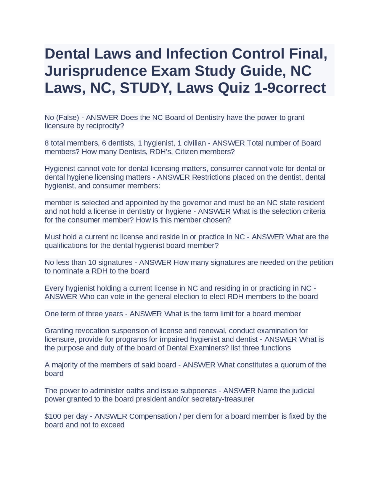 Dental Laws and Infection Control Final, Jurisprudence Exam Study Guide ...