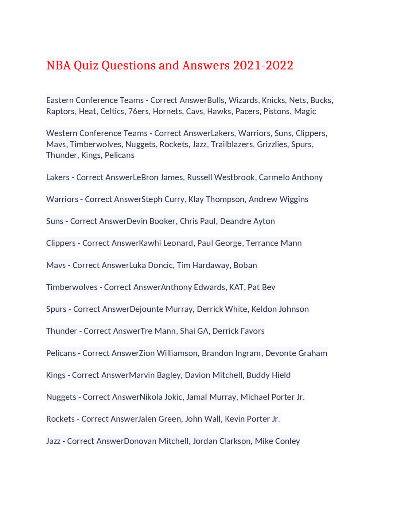 Answer Nba NBA Quiz Questions and Answers 2021-2022,100%CORRECT | Exams Business ...