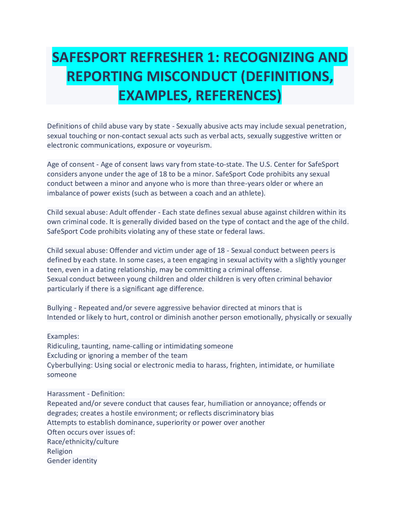 SAFESPORT REFRESHER 1 RECOGNIZING AND REPORTING MISCONDUCT 