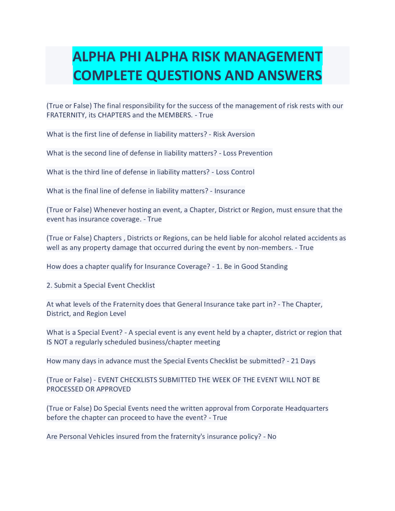 ALPHA PHI ALPHA RISK MANAGEMENT COMPLETE QUESTIONS AND ANSWERS | Exams ...