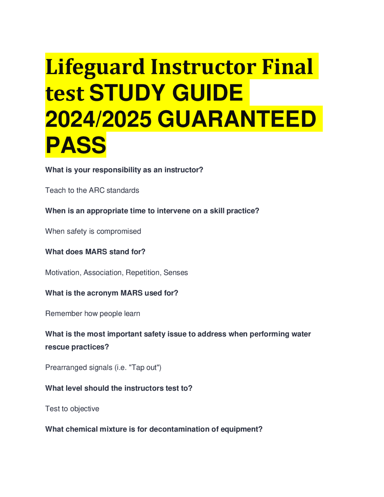 Lifeguard Instructor Final test STUDY GUIDE 2024/2025 GUARANTEED PASS ...
