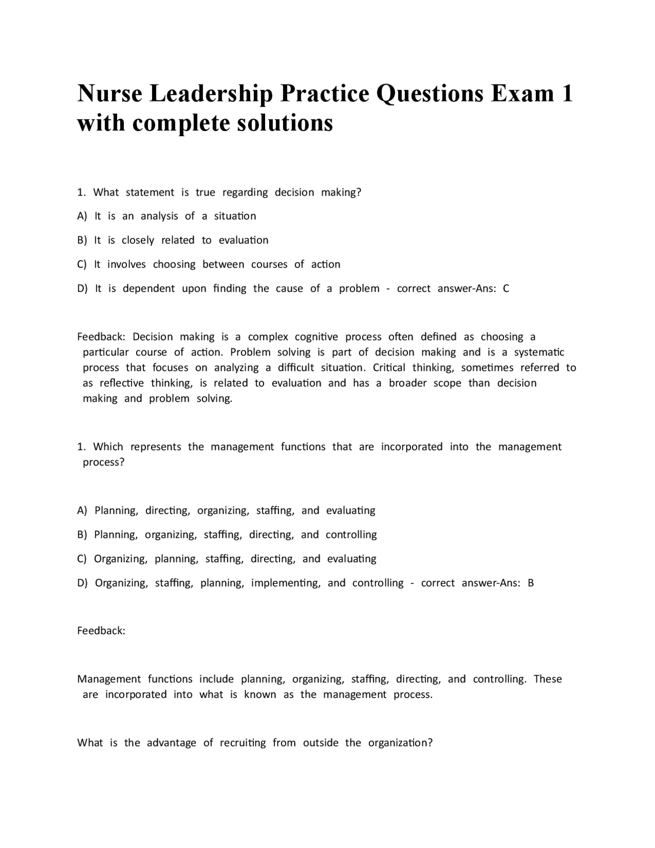 Nurse Leadership Practice Questions Exam 1 with complete solutions ...
