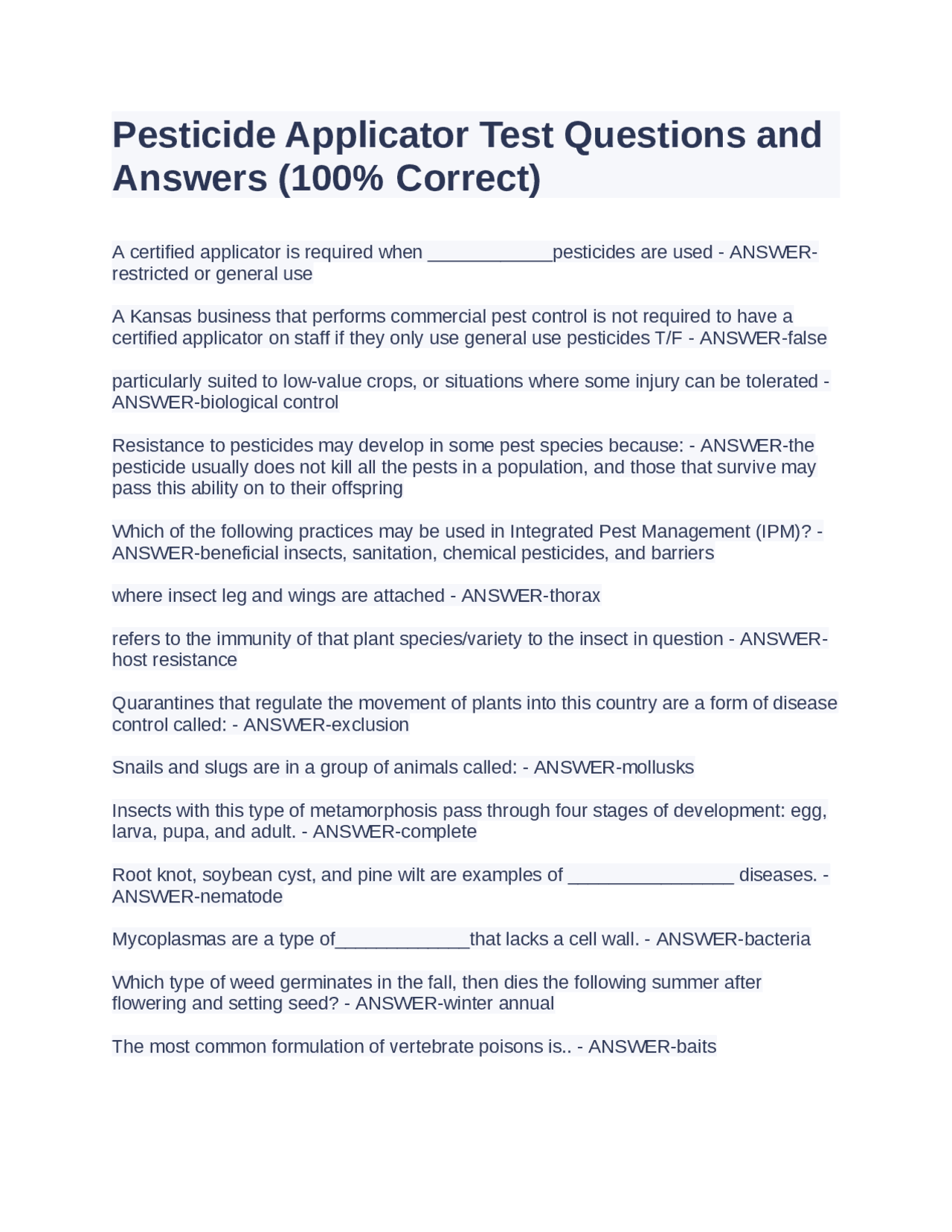 Pesticide Applicator Test Questions and Answers Exams Pest Management