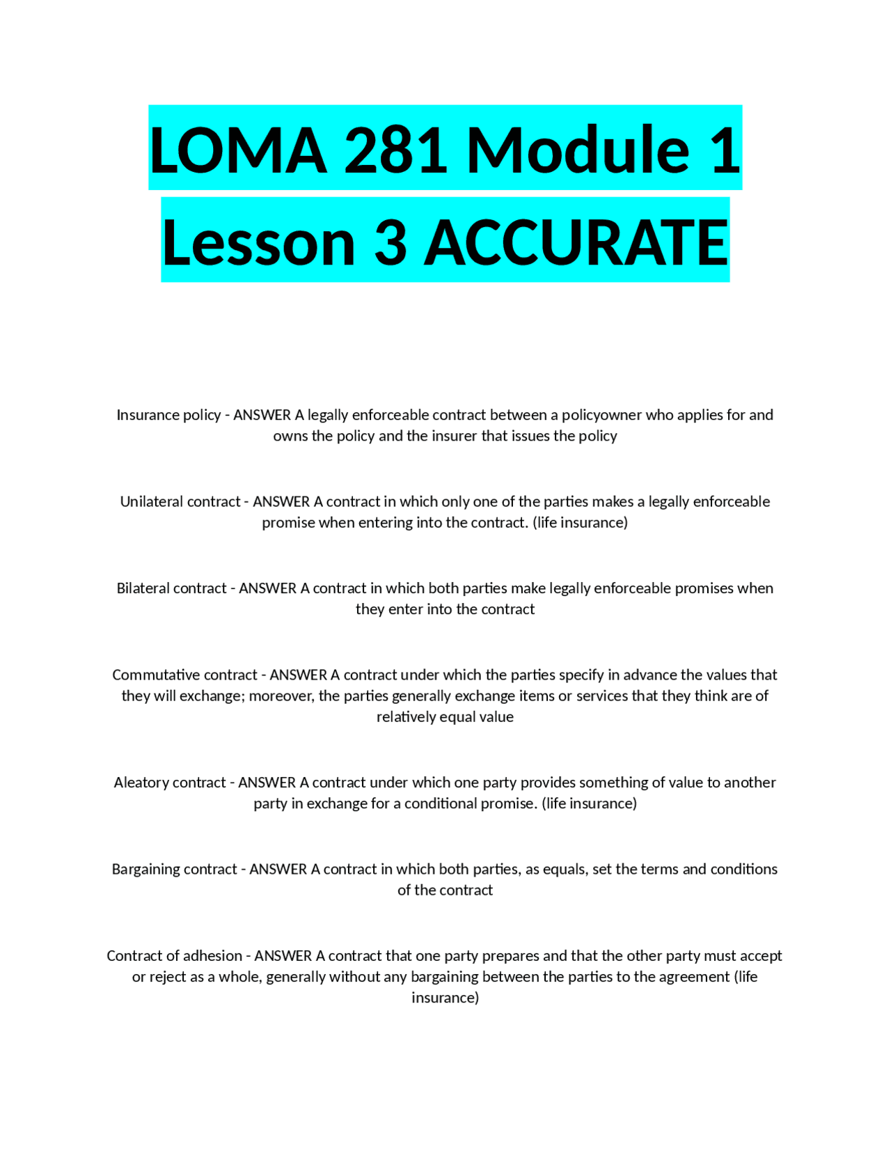 LOMA 281 Module 1 Lesson 3 ACCURATE | Exams Insurance law | Docsity