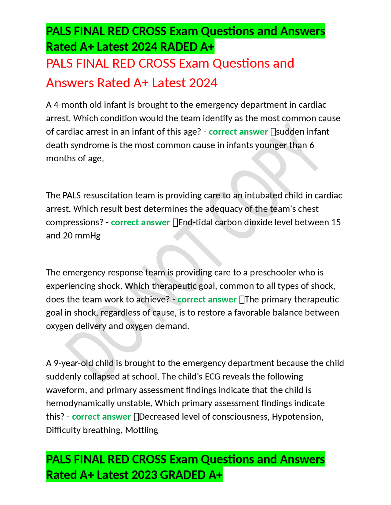PALS FINAL RED CROSS Exam Questions and Answers Rated A+ Latest 2024 ...