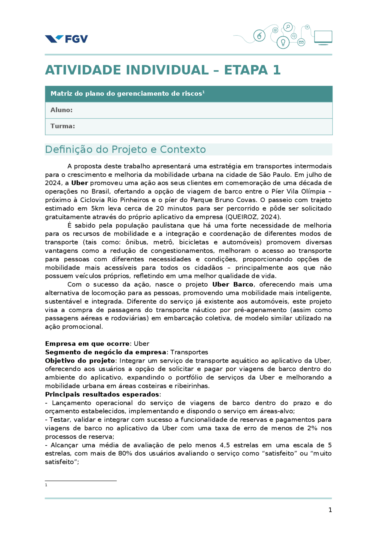 ATIVIDADE INDIVIDUAL GERENCIAMENTO DE RISCOS EM PROJETOS - ETAPA 1/3 ...