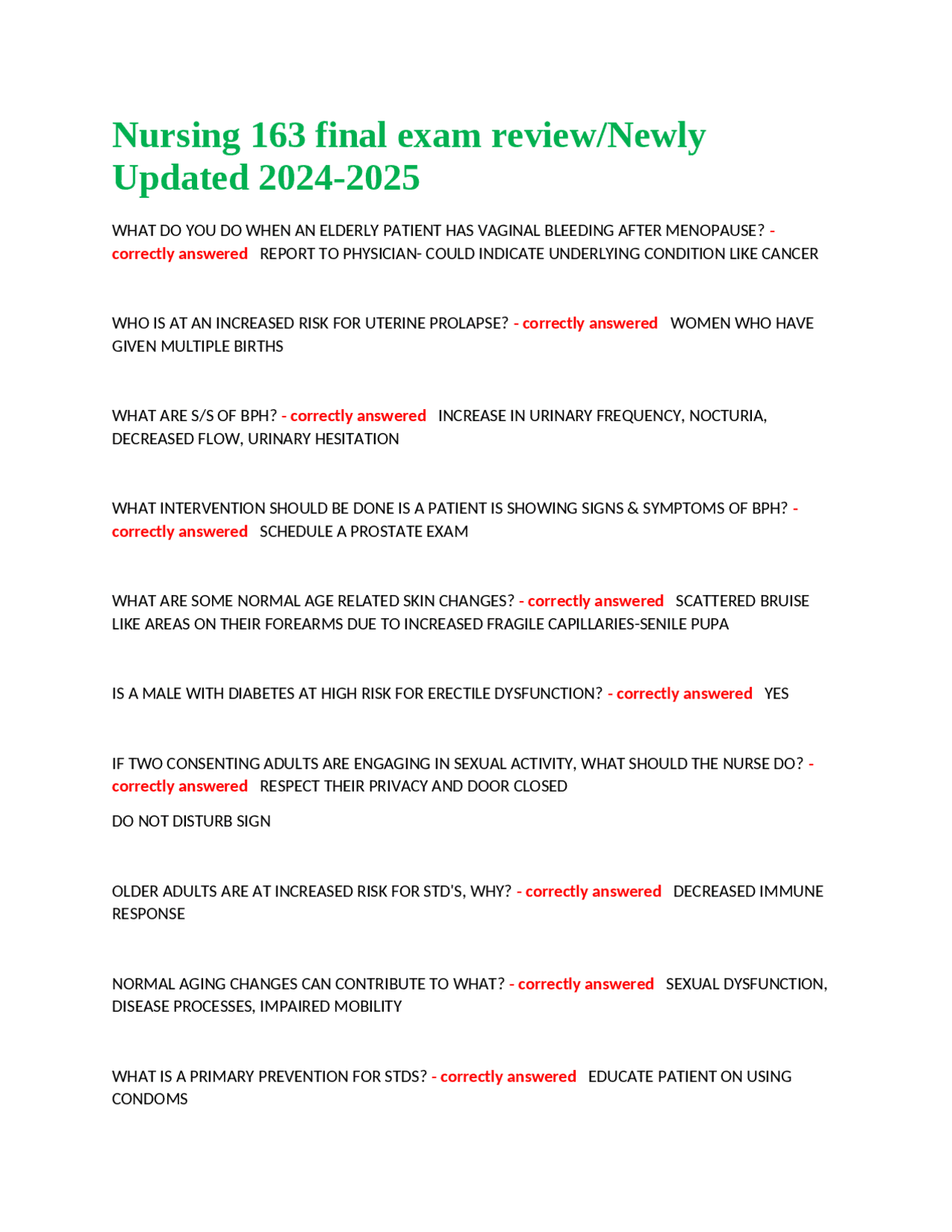 Nursing 163 Final Exam Review | Exams Health sciences | Docsity