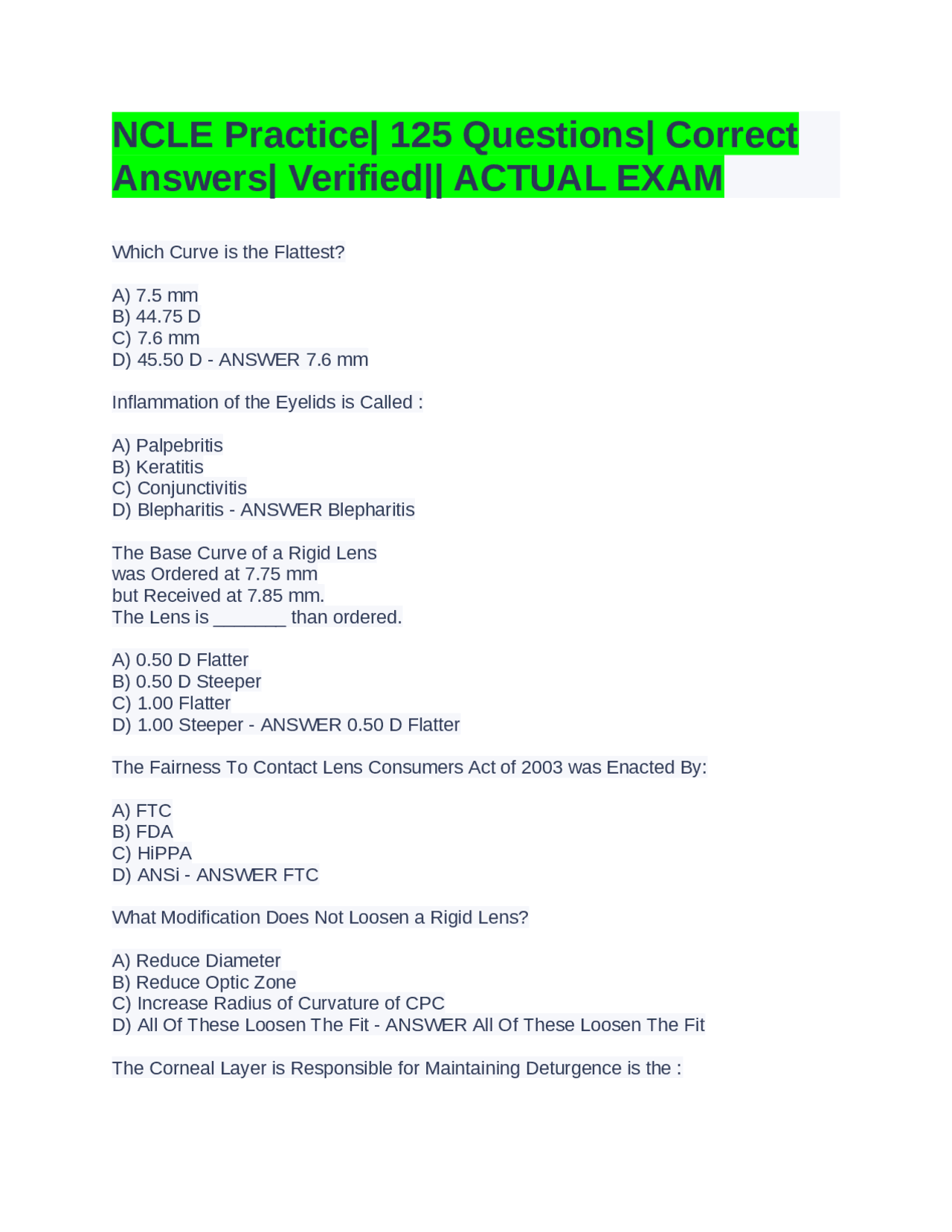 NCLE Practice| 125 Questions| Correct Answers| Verified|| ACTUAL EXAM ...