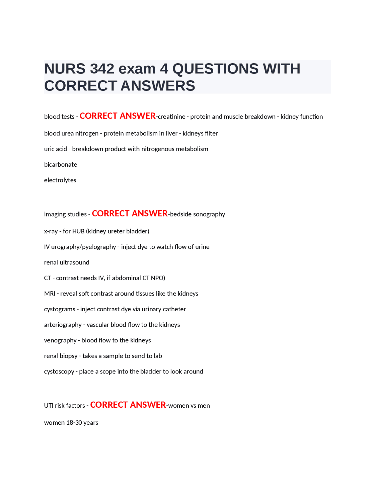 NURS 342 exam 4 QUESTIONS WITH CORRECT ANSWERS | Exams Nursing | Docsity