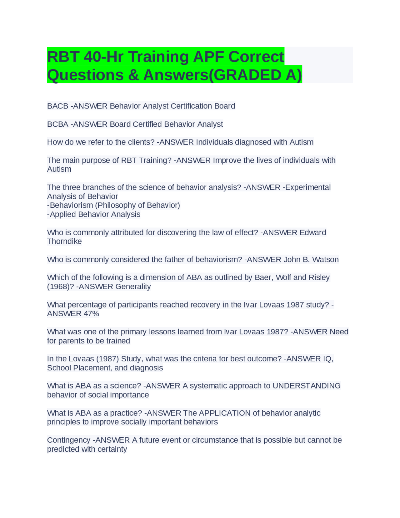 RBT 40-Hr Training APF Correct Questions &amp; Answers(GRADED A 